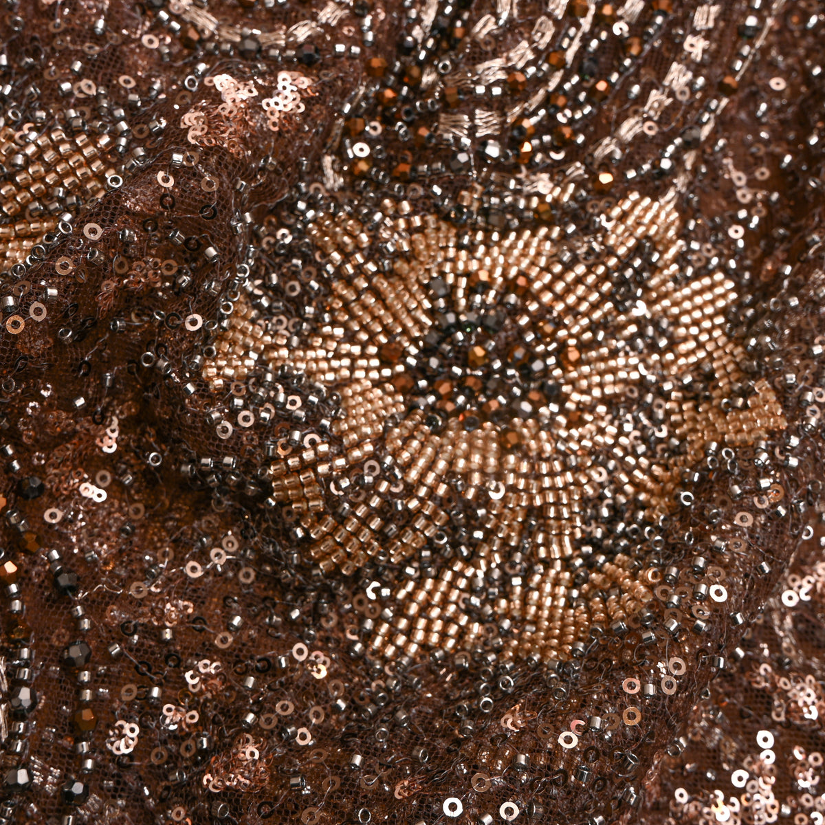 Cocoa Brown Sequin Medallion Net Fabric