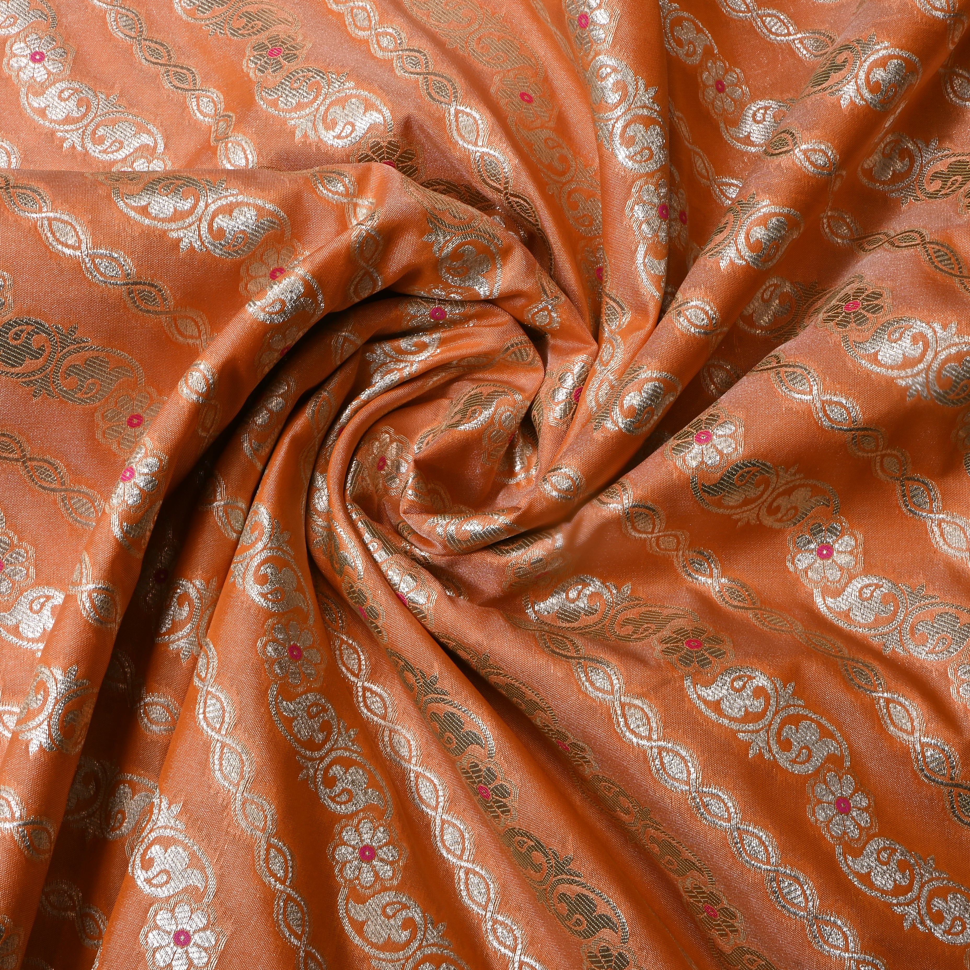 Carrot Orange Floral Jamawar Silk Fabric