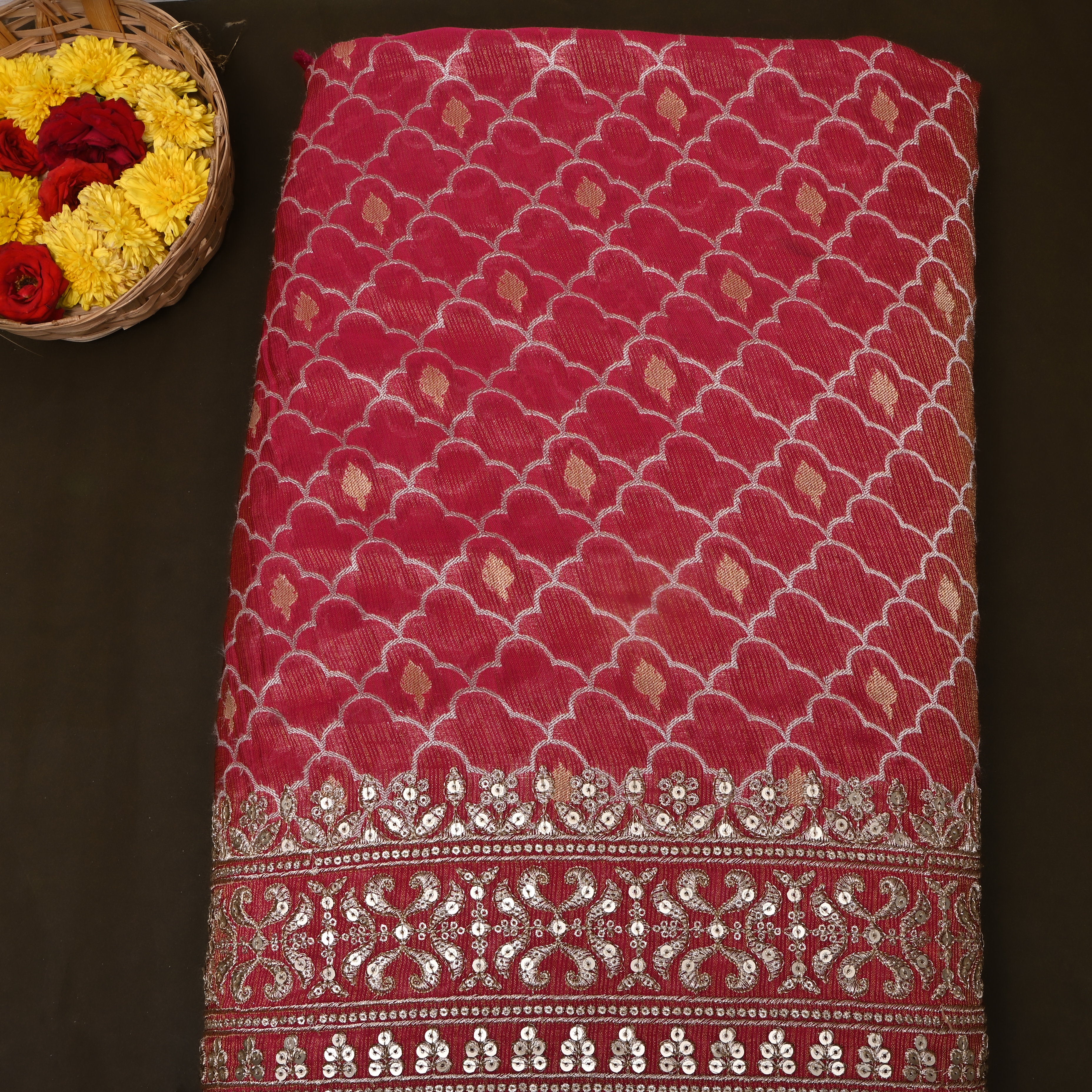 Red Scallop Zari Sequin Border Tissue Fabric