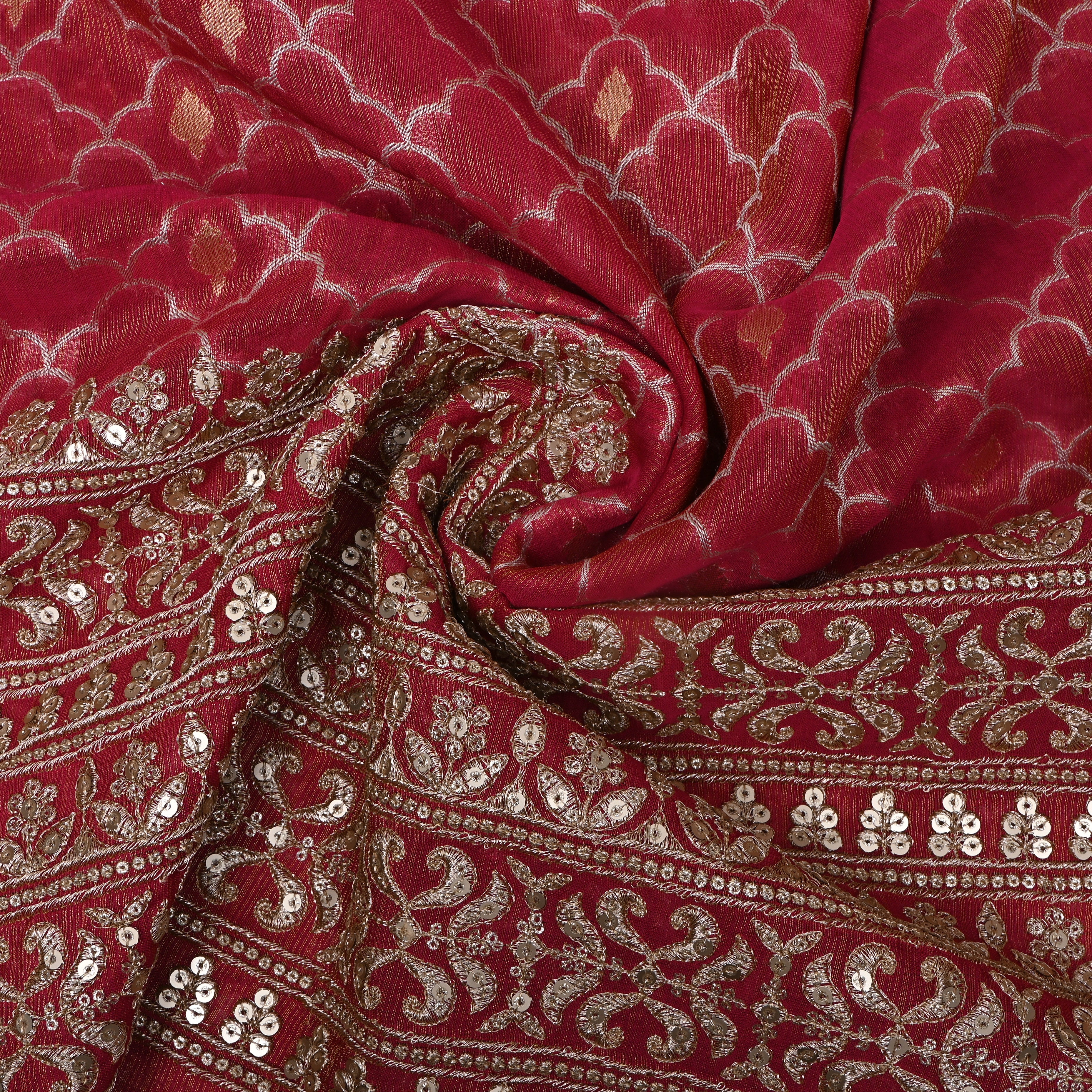 Red Scallop Zari Sequin Border Tissue Fabric