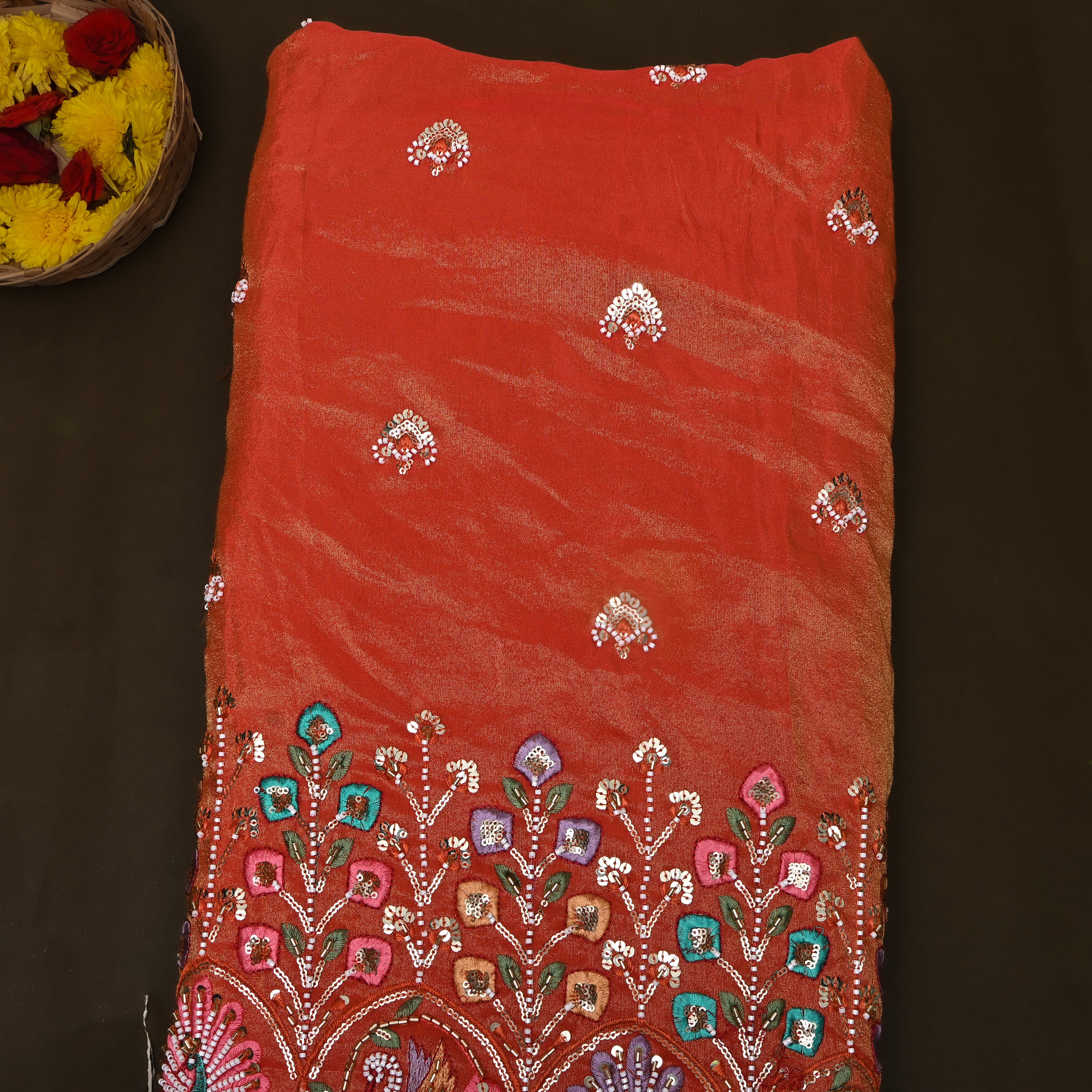 Rust Orange Peacock Bead Embroidered Tissue