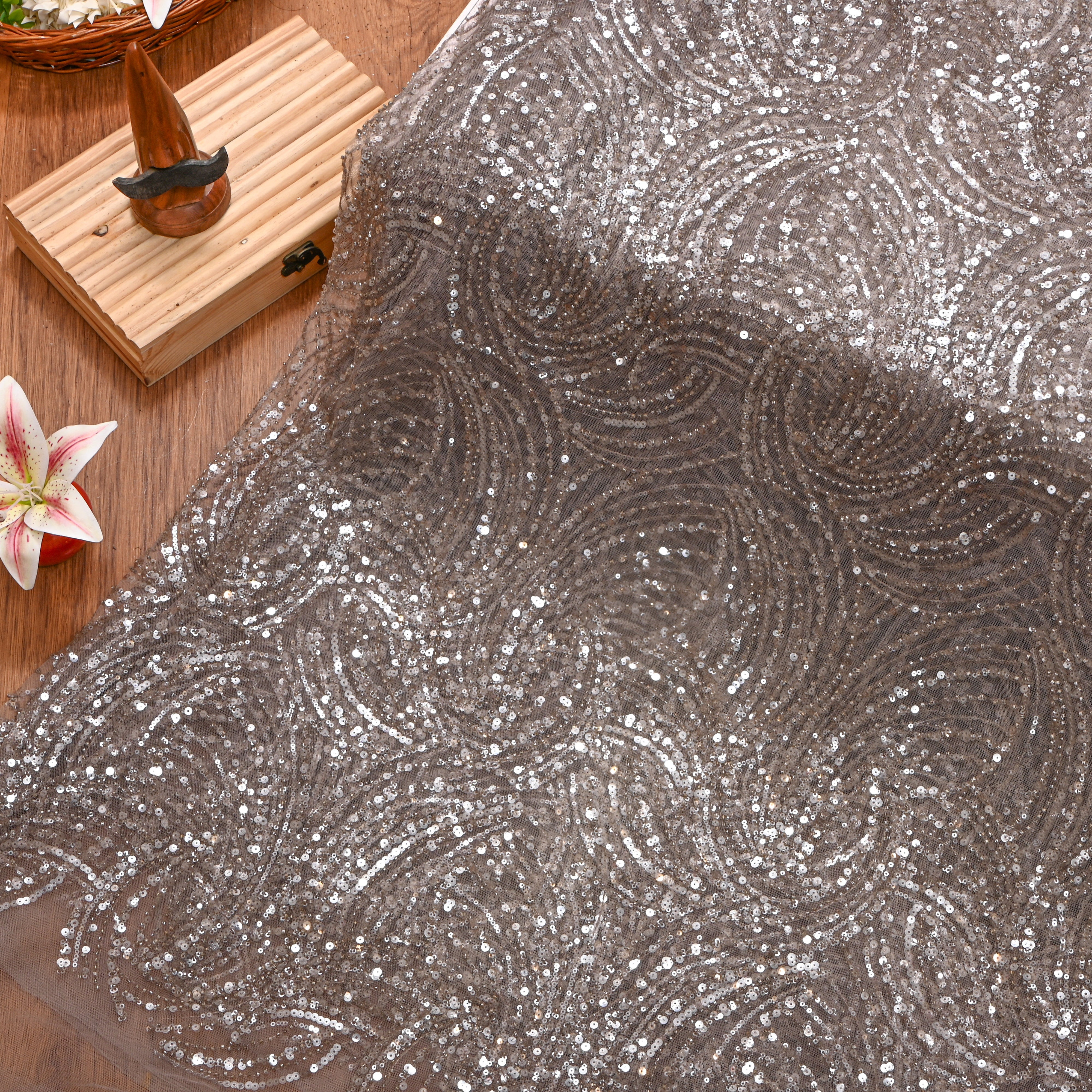 Rose Gold Pink Embroidery Net Fabric