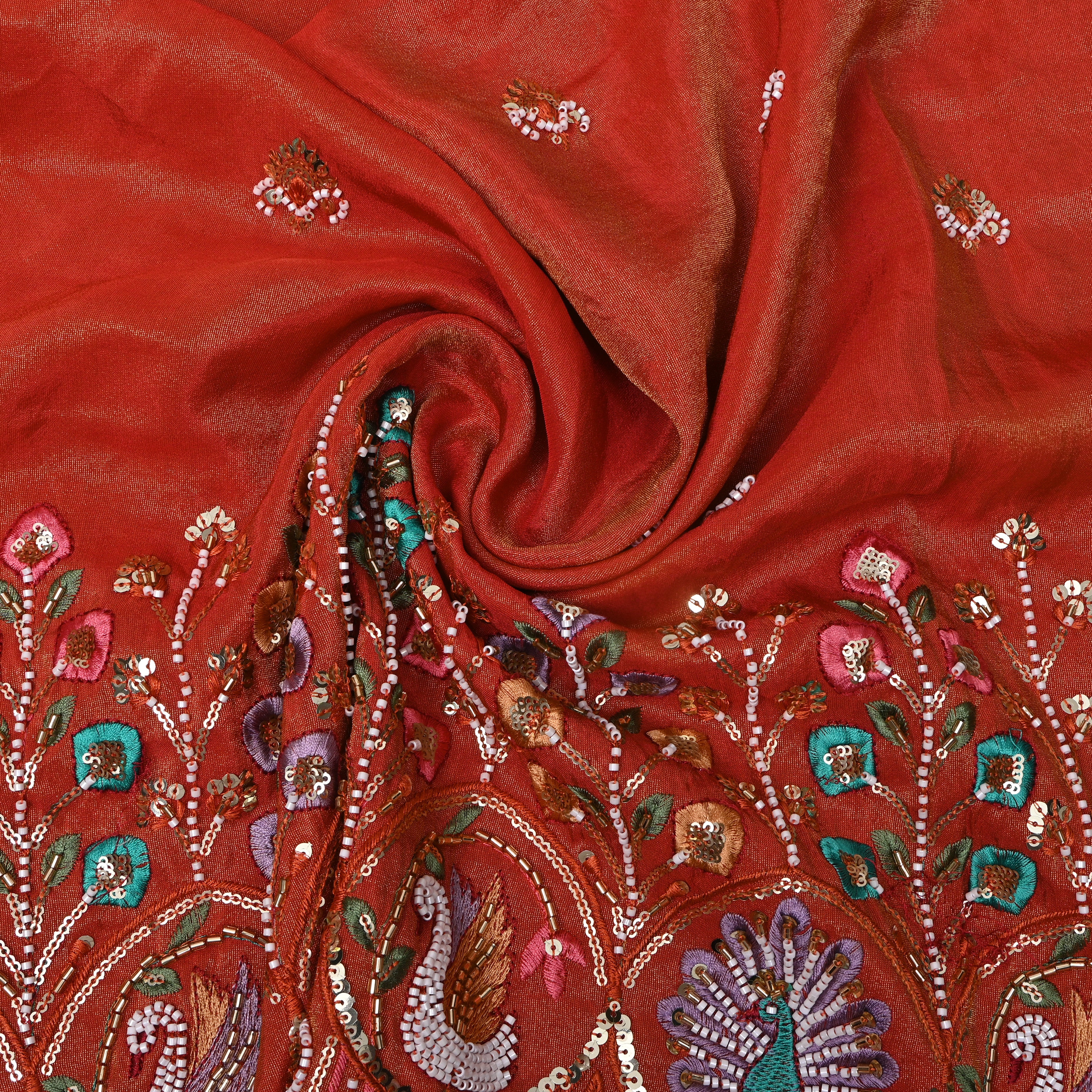 Rust Orange Peacock Bead Embroidered Tissue