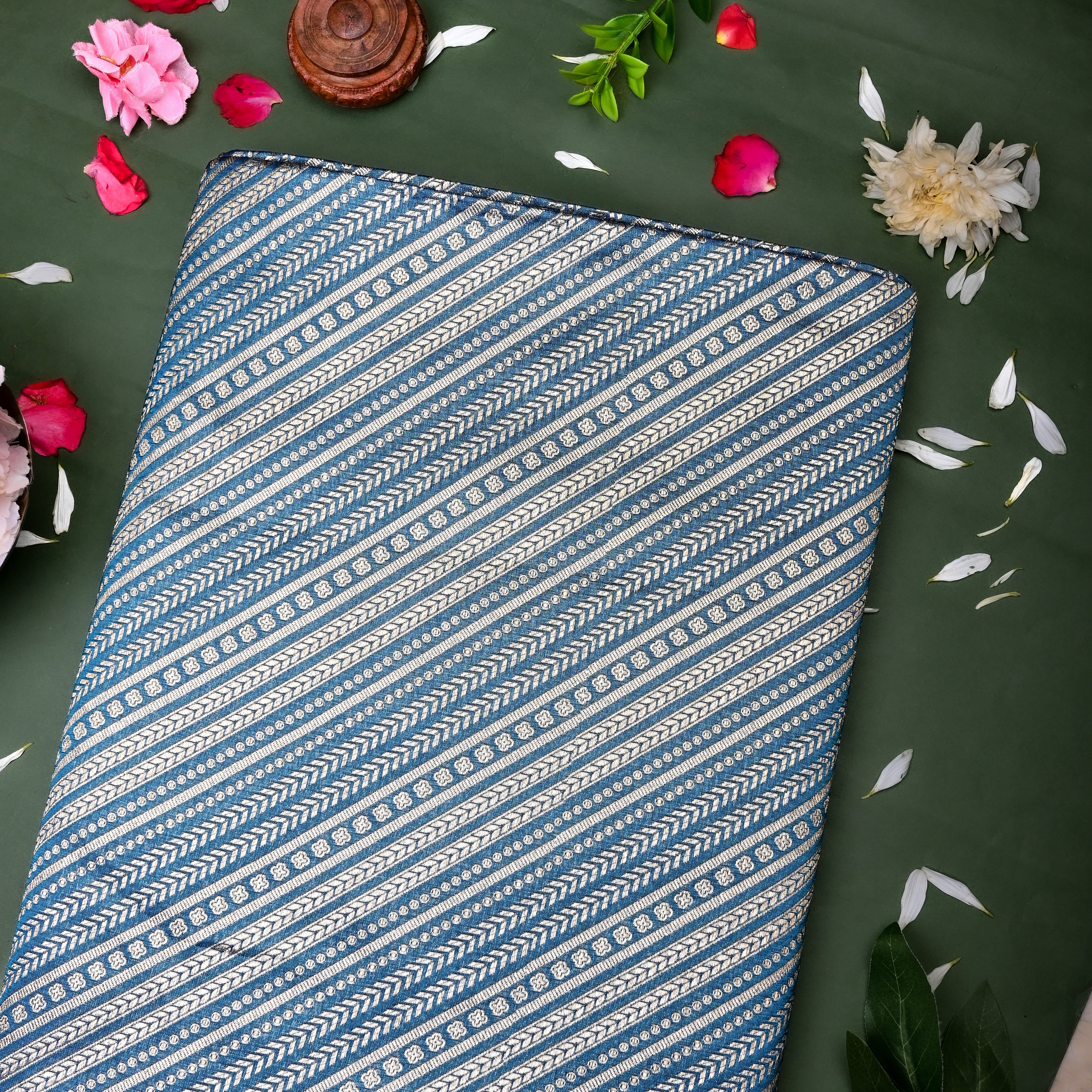 Navy Blue Jamawar Silk Fabric With Diagonal Stripes