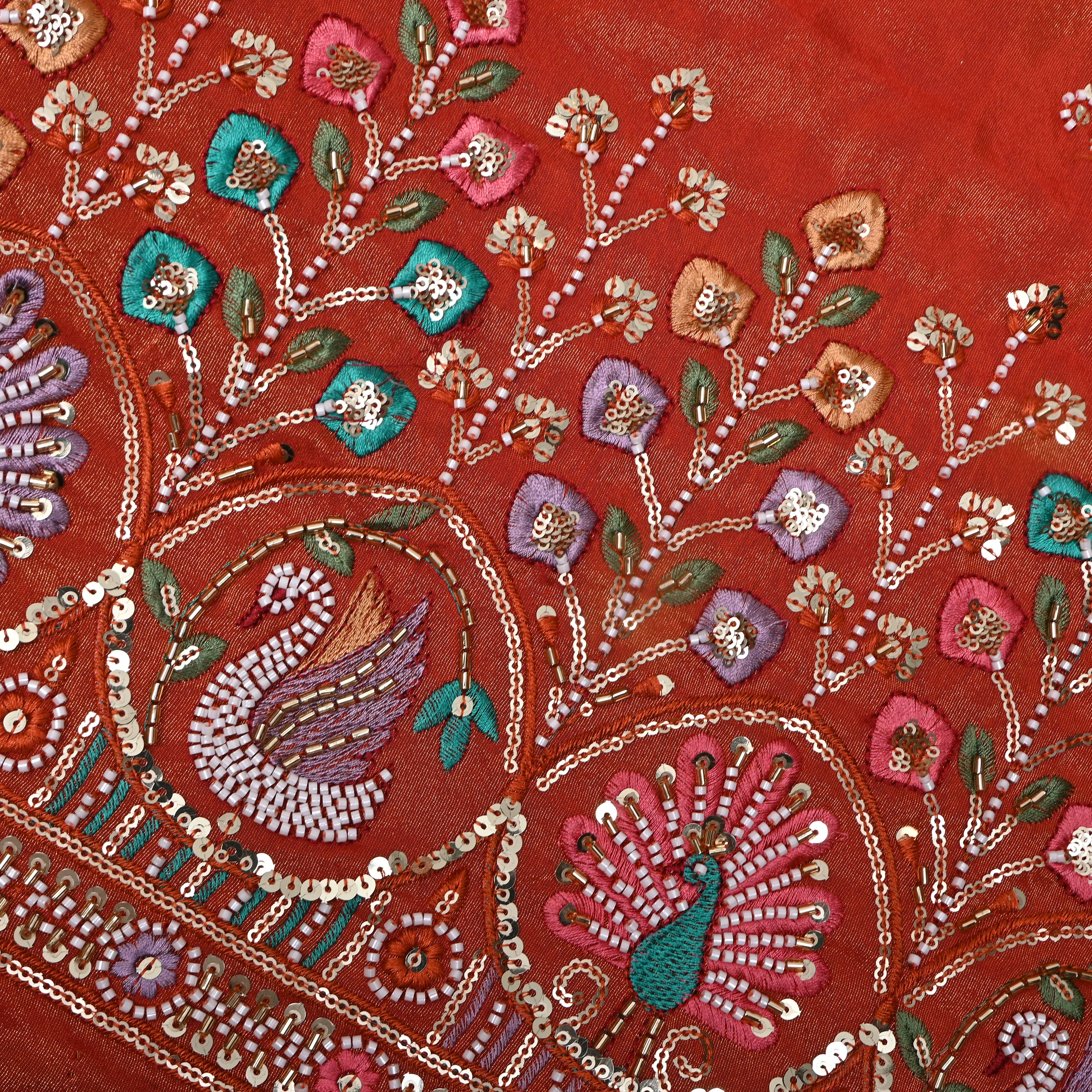 Rust Orange Peacock Bead Embroidered Tissue