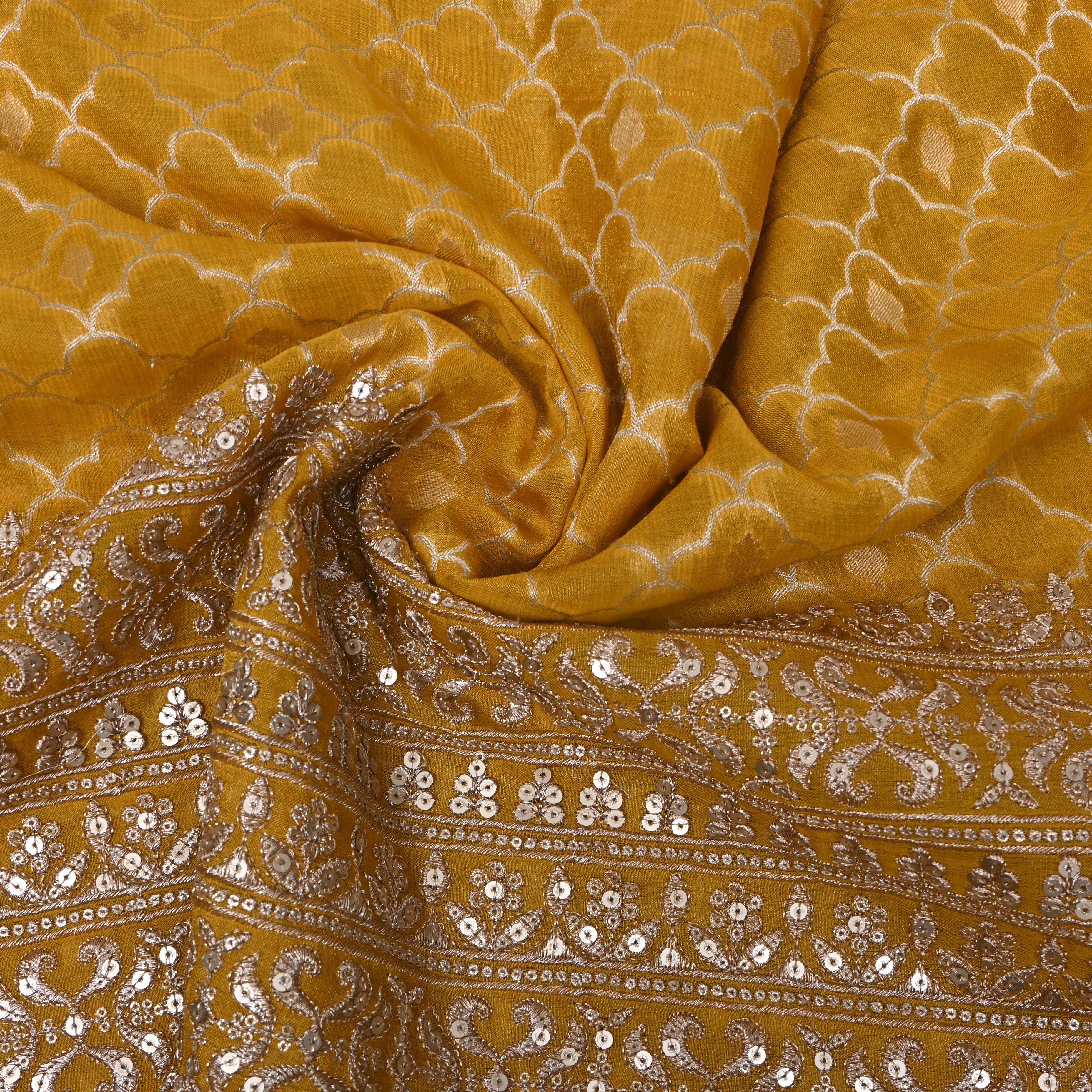 Amber Yellow Scallop Zari Sequin Border Tissue Fabric
