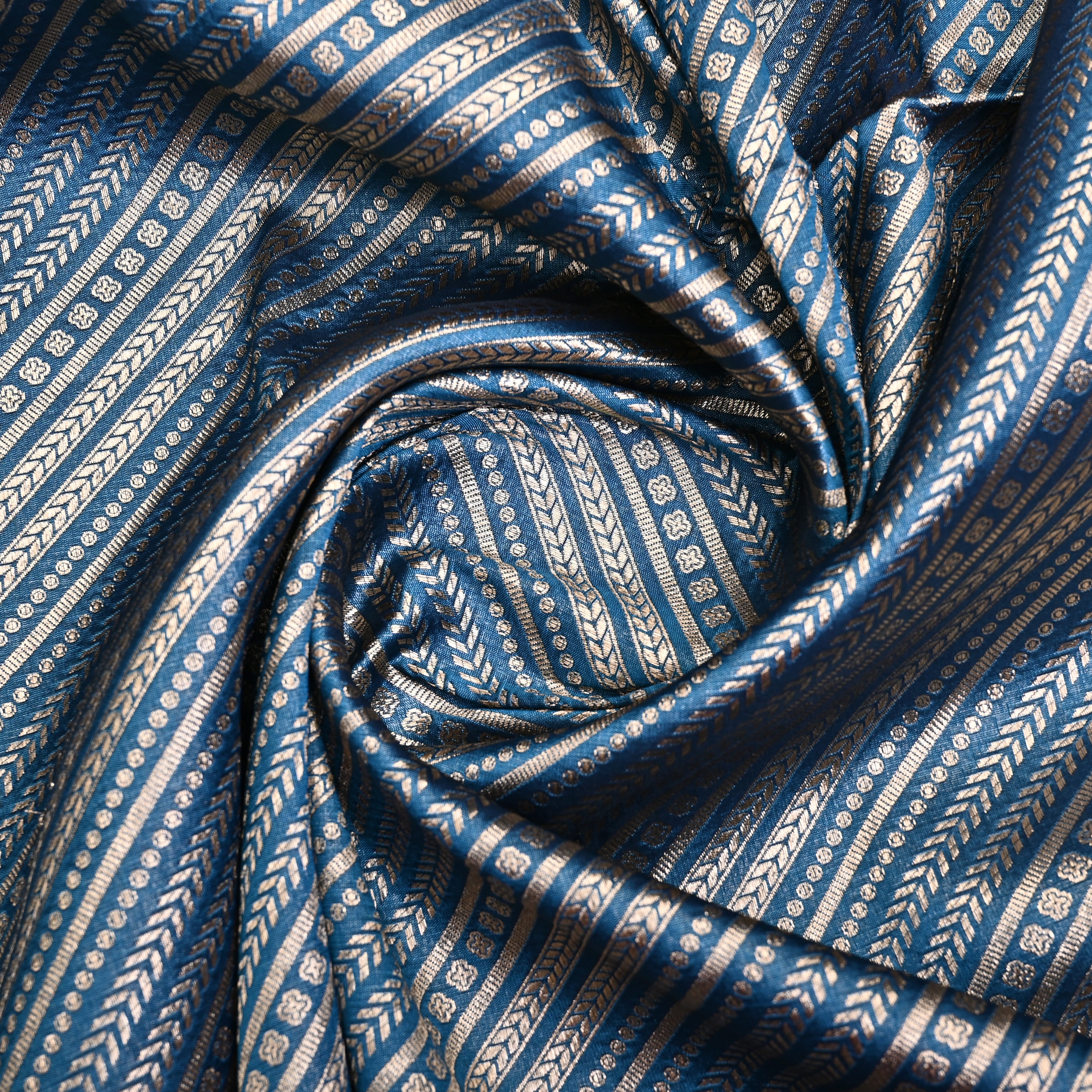 Navy Blue Jamawar Silk Fabric With Diagonal Stripes