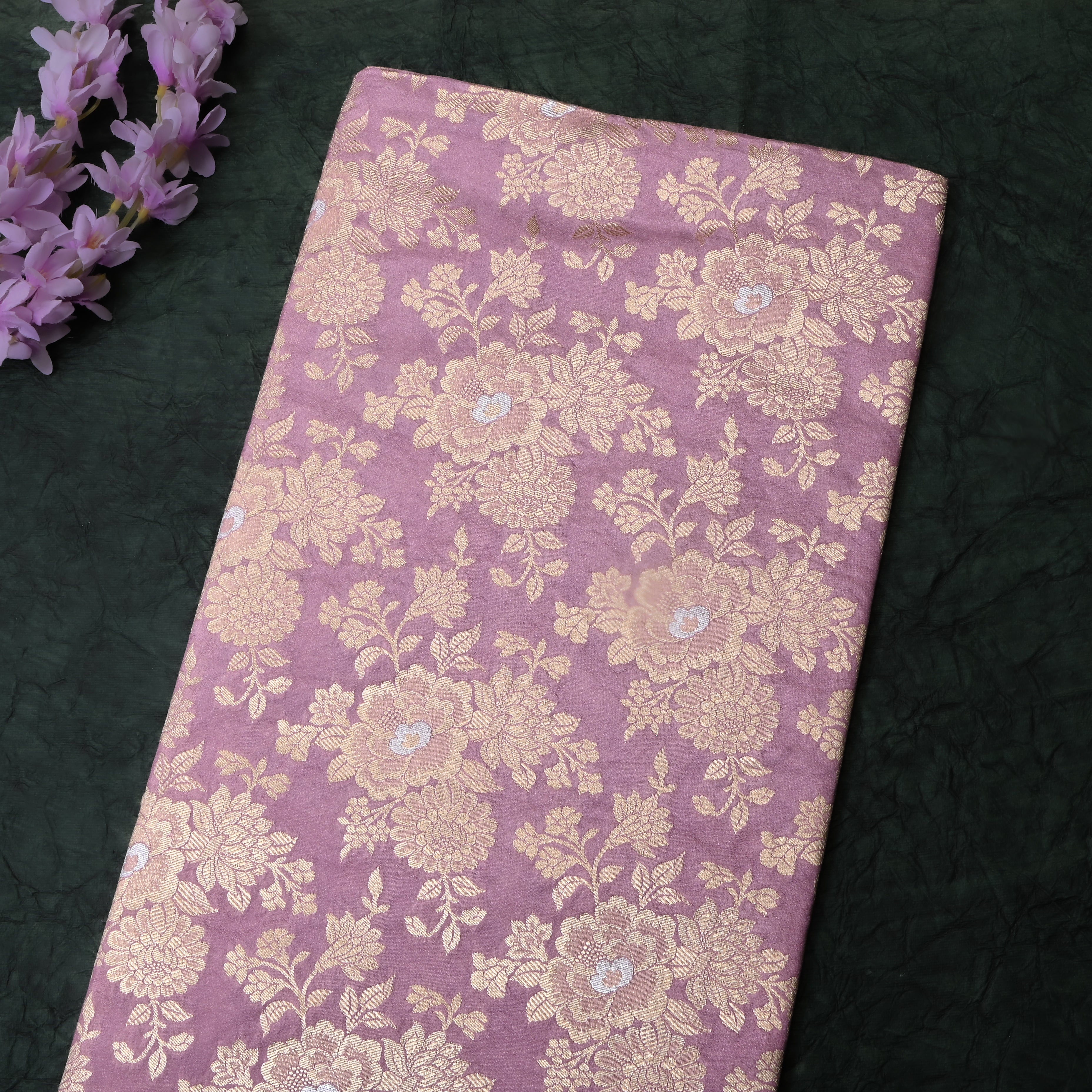 Heather Purple Floral Woven Jamawar Silk Fabric