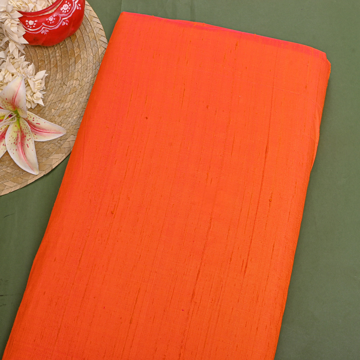 Bright Pumpkin Orange Plain Raw Silk Fabric