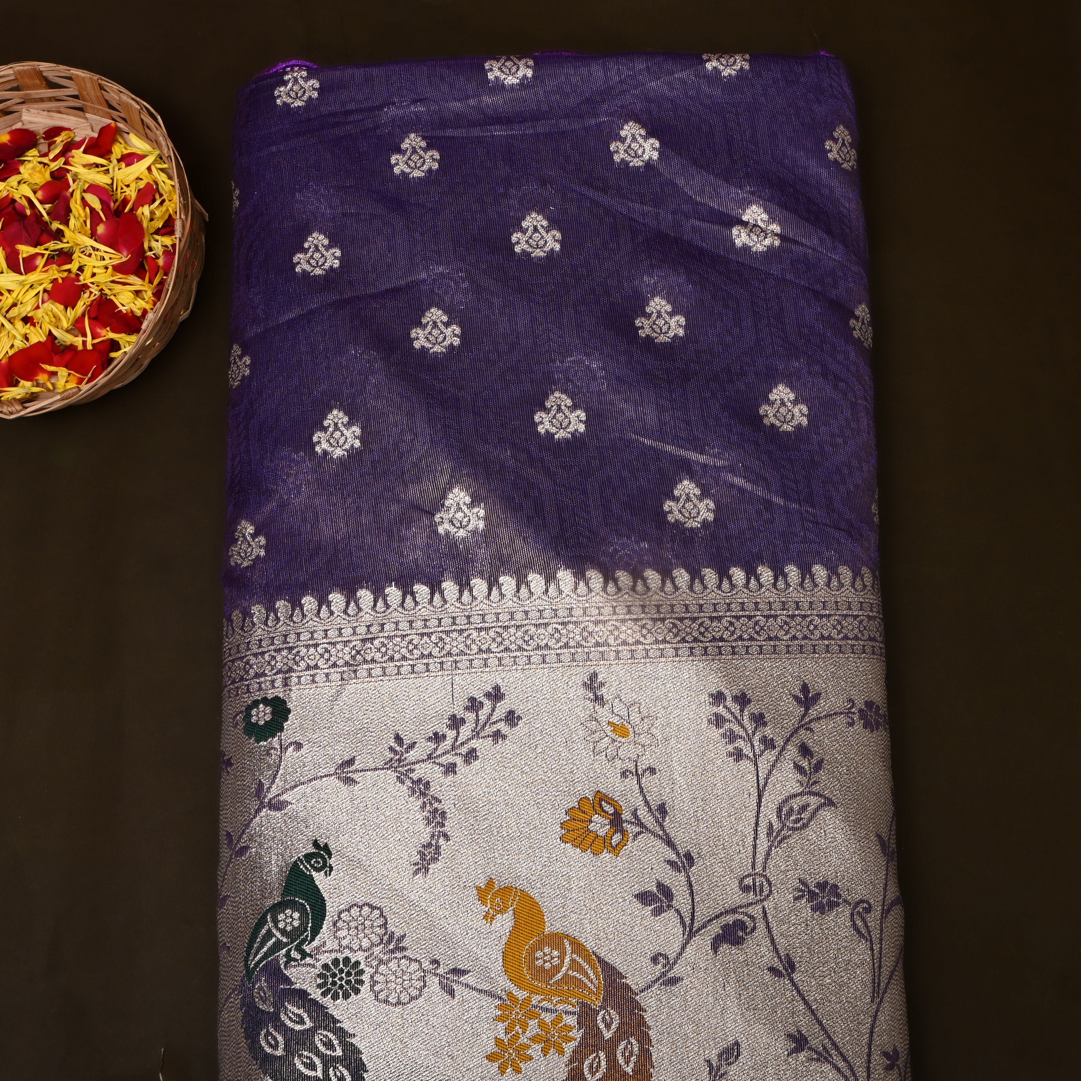 Deep Purple Jamawar Silk With Peacock & Floral Border