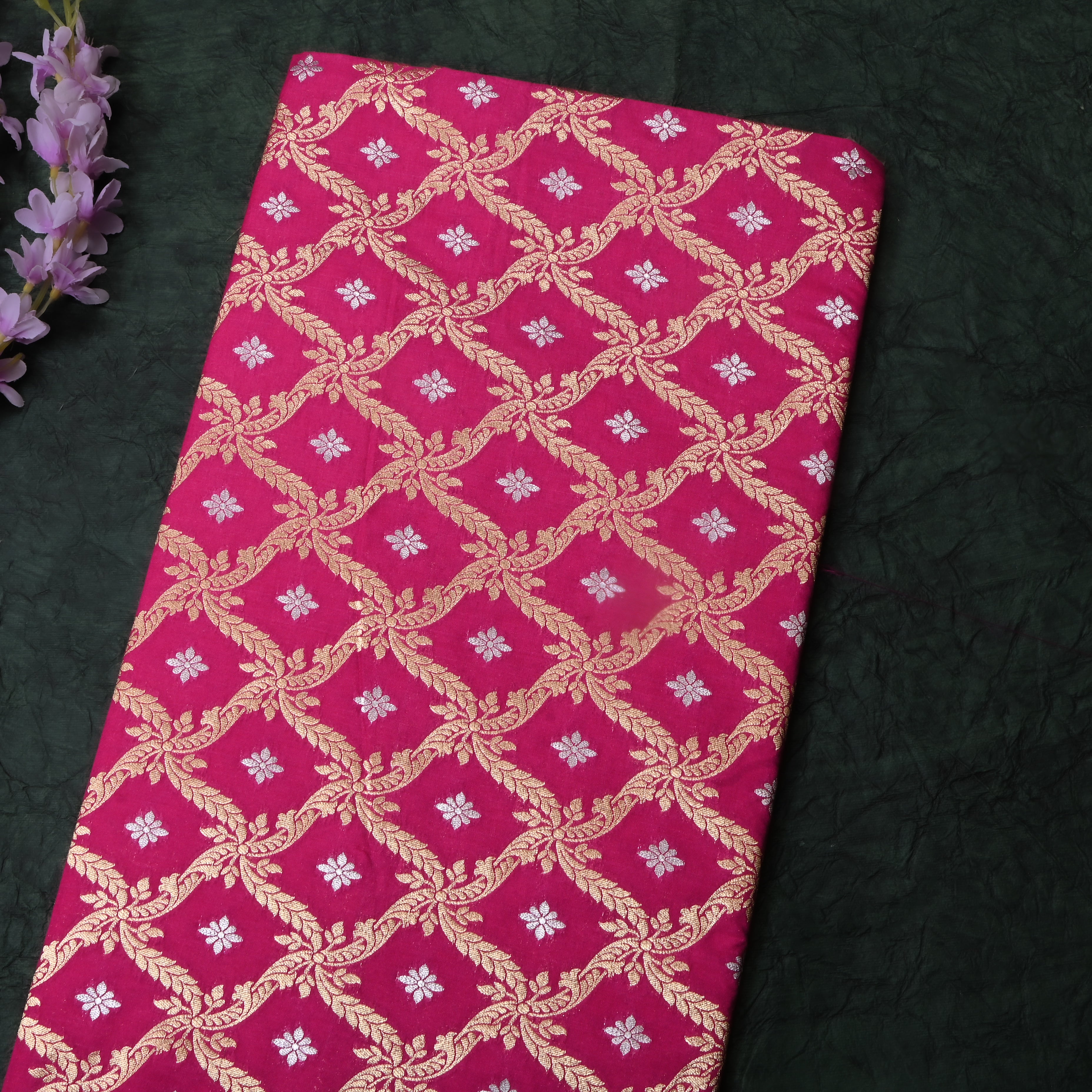 Magenta Pink Floral Woven Jamawar Silk Fabric