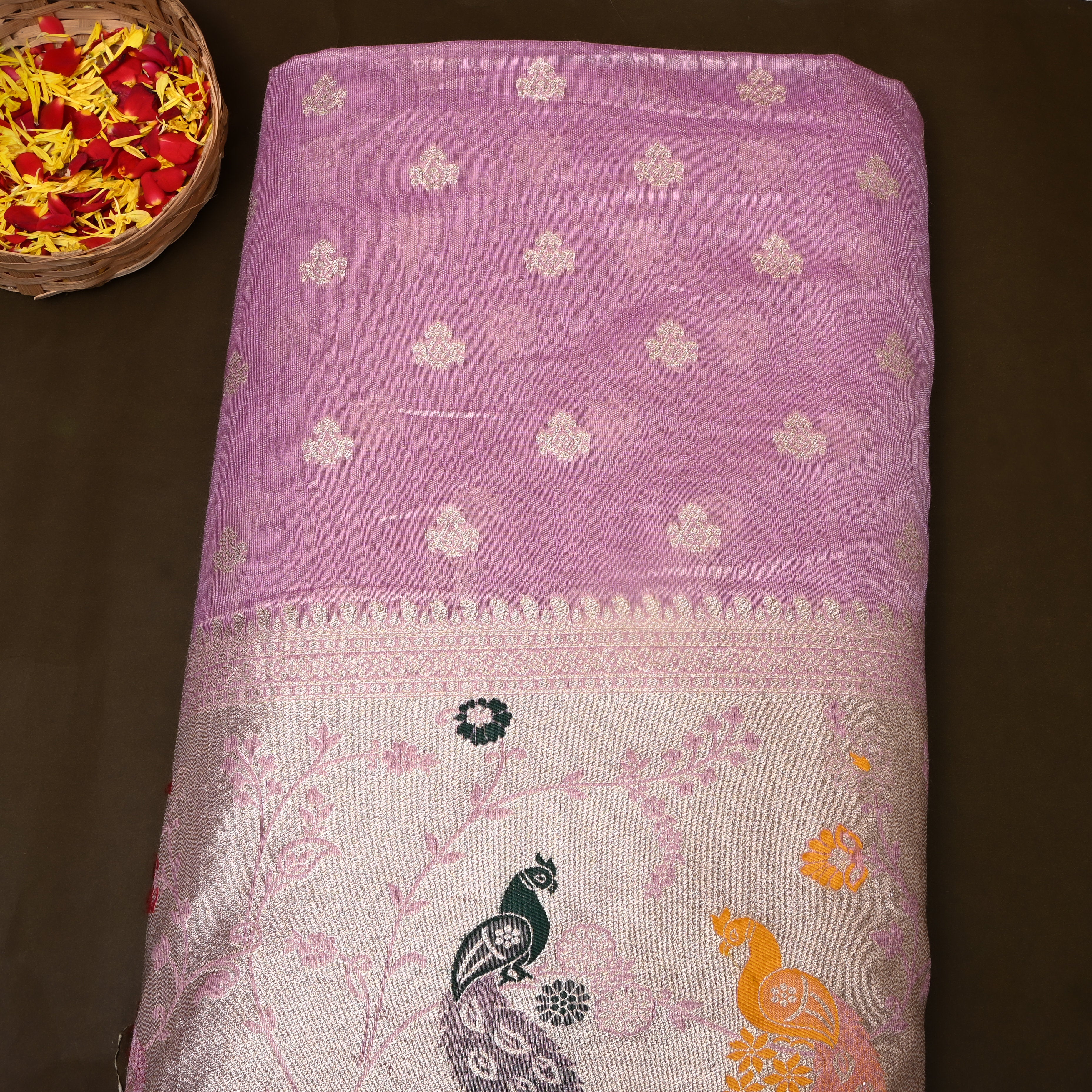 Lilac Tissue Jamawar With Peacock & Floral Border