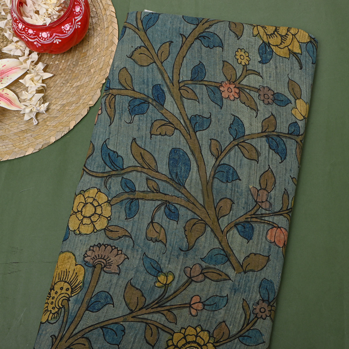 Teal Blue Floral Vine Kalamkari Handloom Silk Fabric