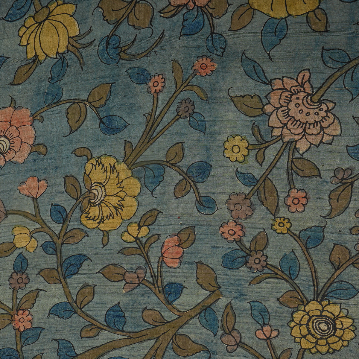 Teal Blue Floral Vine Kalamkari Handloom Silk Fabric