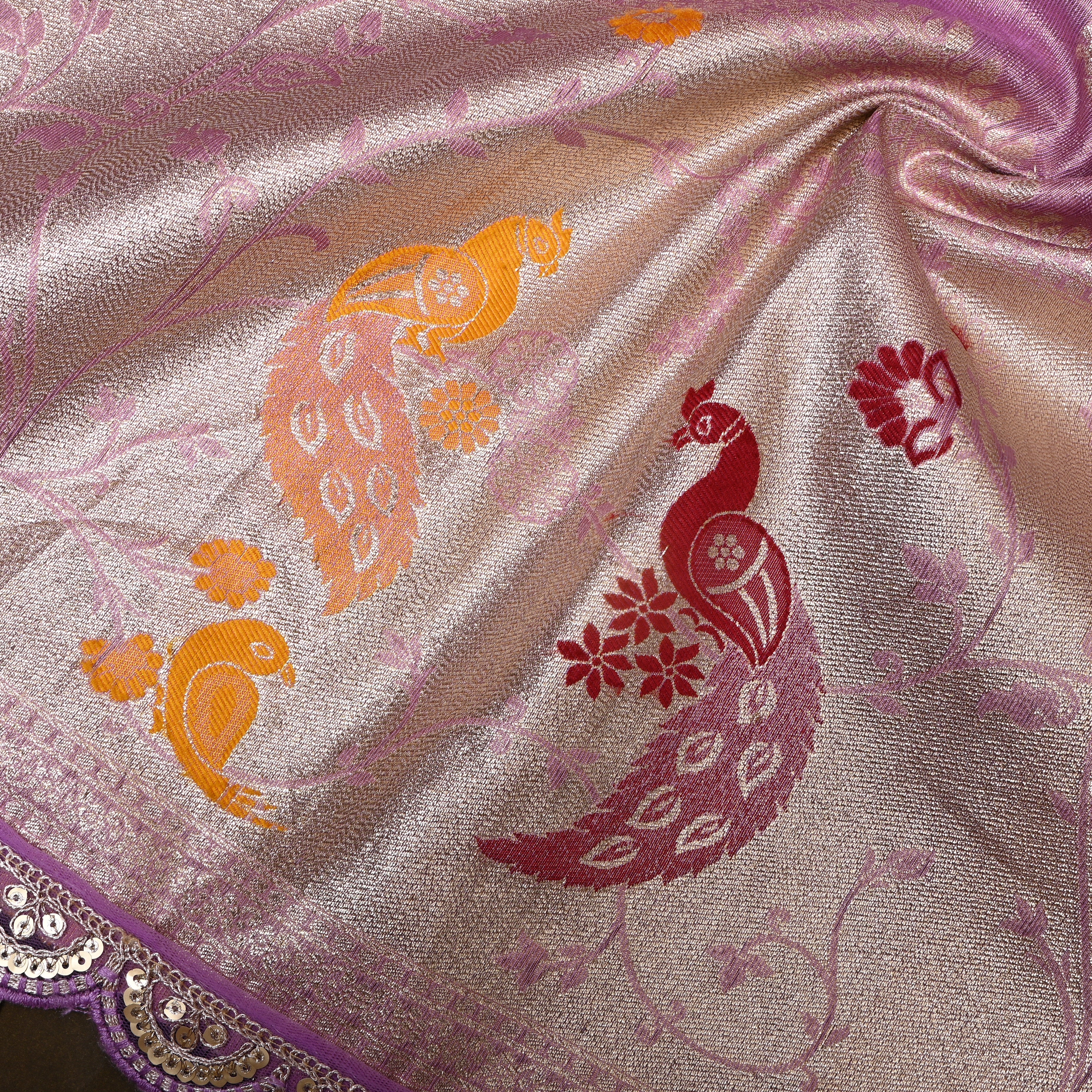 Lilac Tissue Jamawar With Peacock & Floral Border