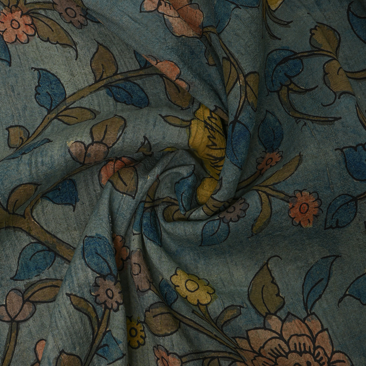 Teal Blue Floral Vine Kalamkari Handloom Silk Fabric