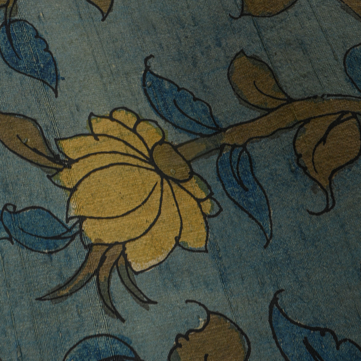 Teal Blue Floral Vine Kalamkari Handloom Silk Fabric