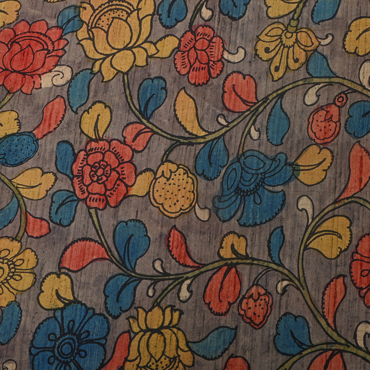 Smoke Gray Floral Vine Kalamkari Handloom Silk Fabric