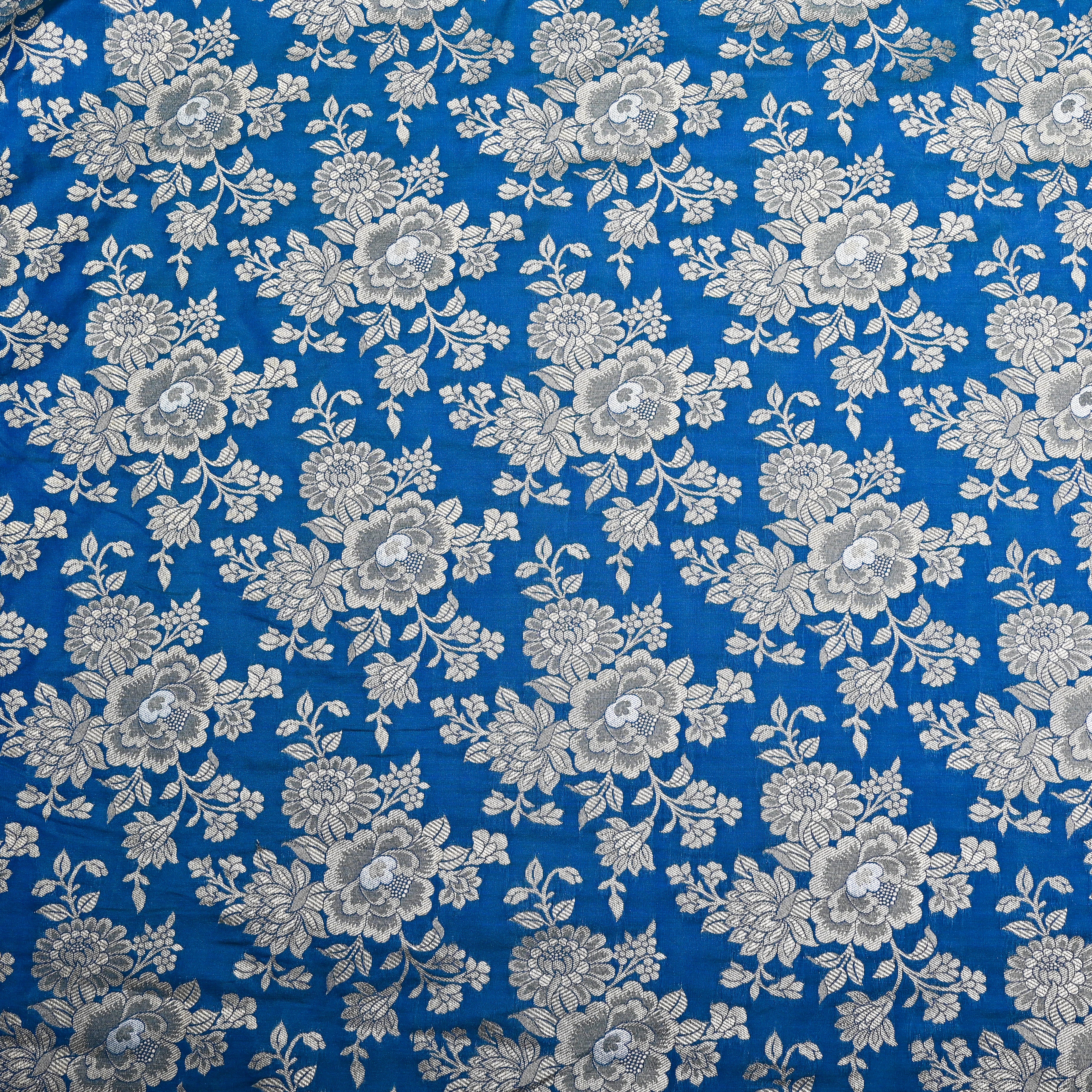 Bright Blue Jamawar Silk Fabric With Floral Jaal