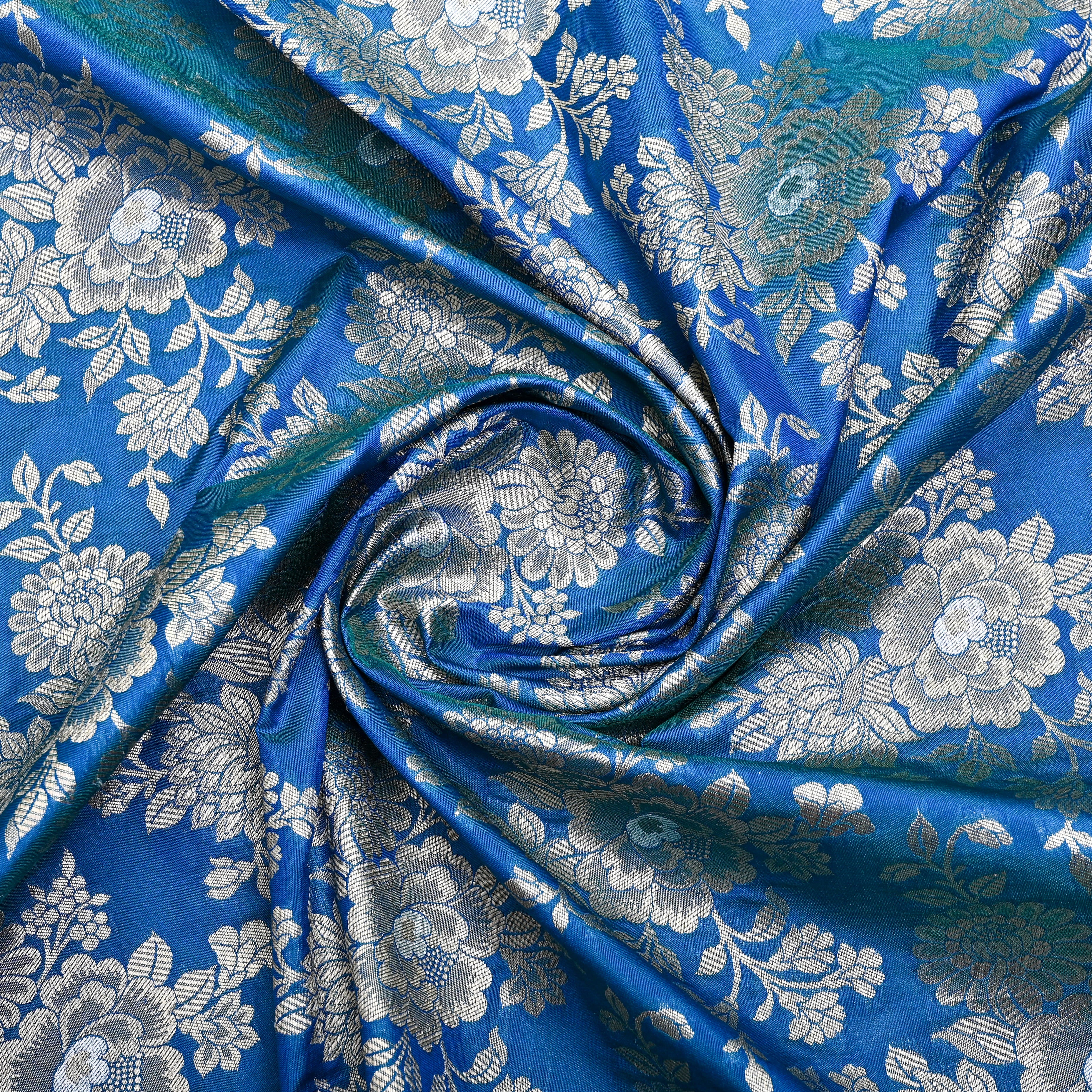 Bright Blue Jamawar Silk Fabric With Floral Jaal