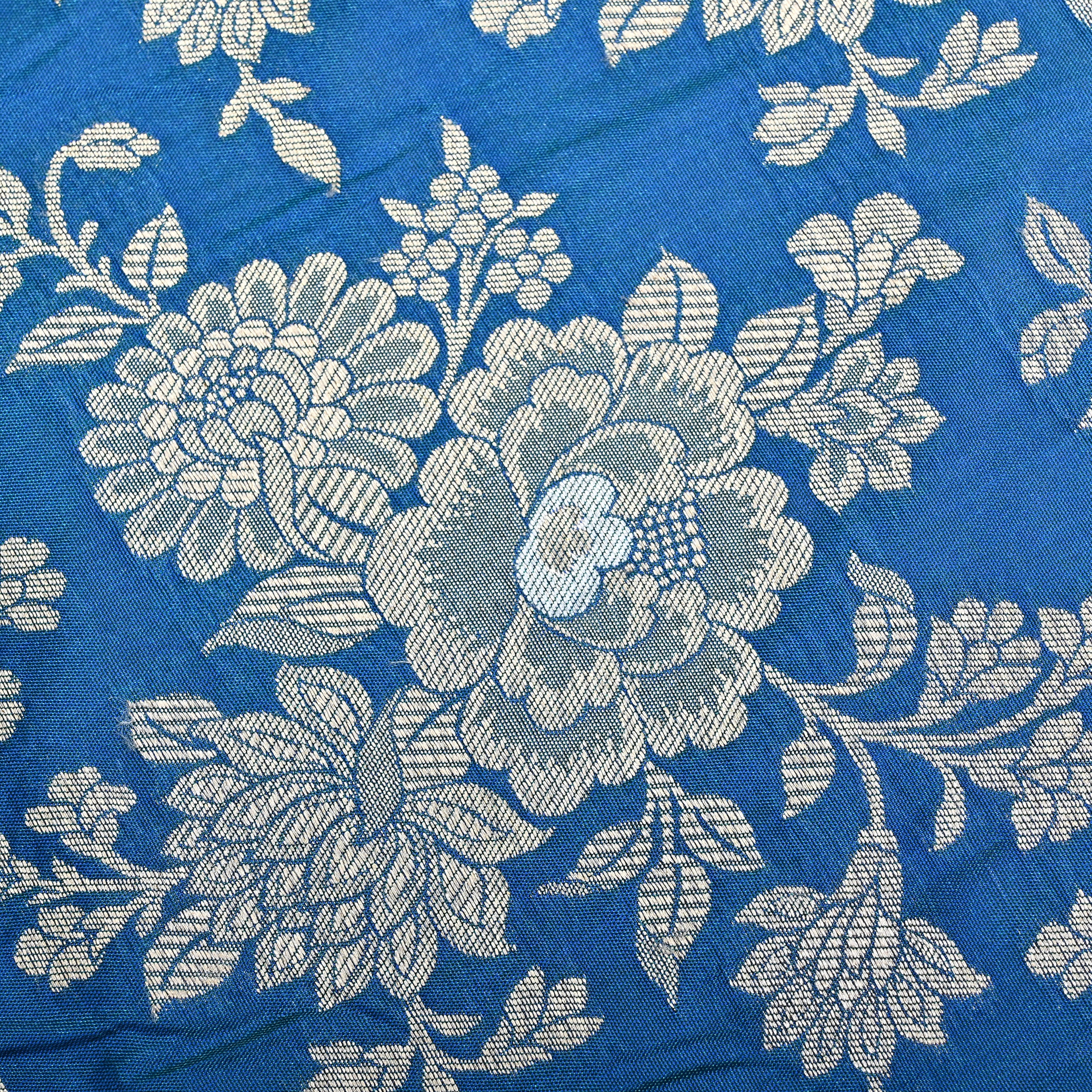 Bright Blue Jamawar Silk Fabric With Floral Jaal