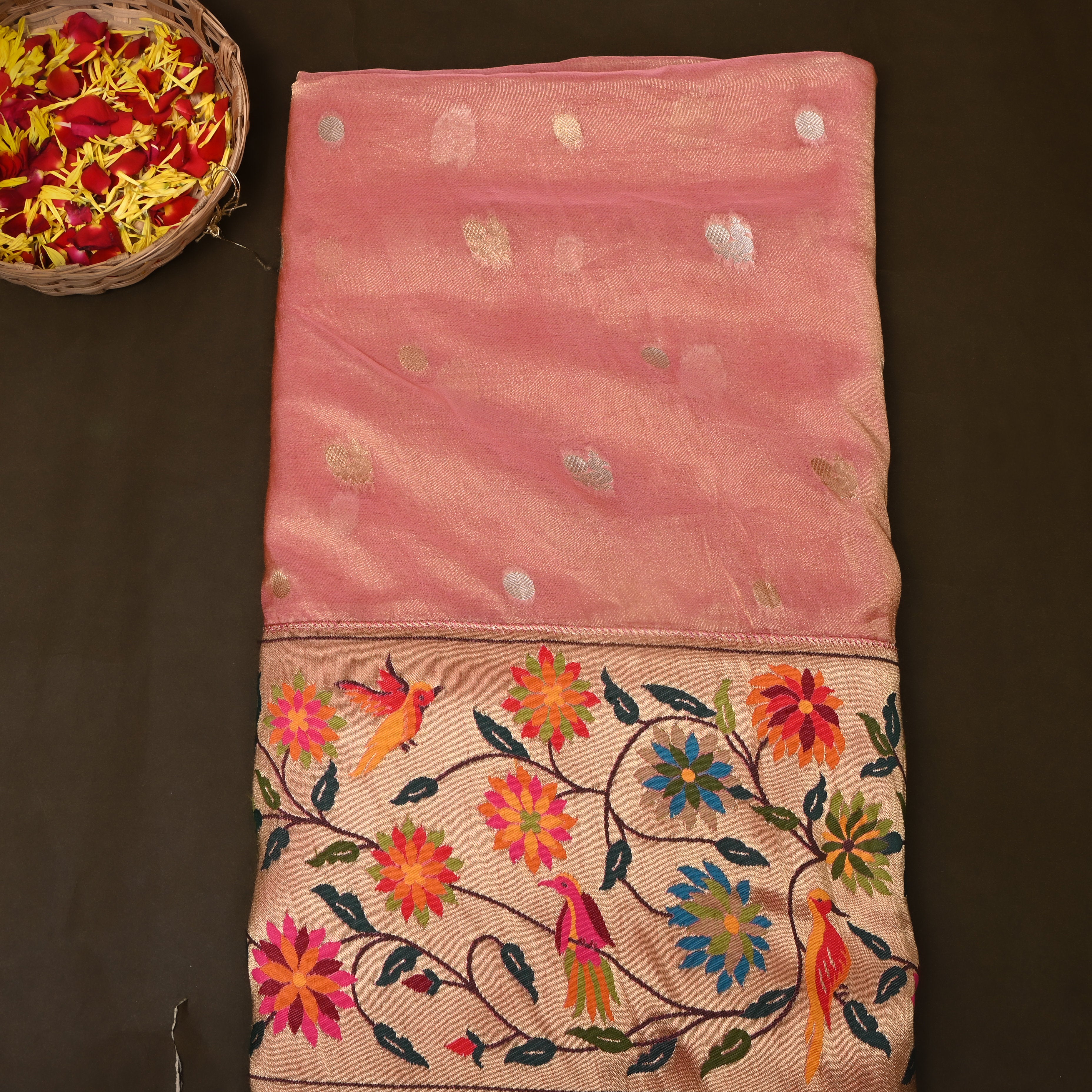 Dusty Rose Bird And Floral Jamawar Tissue