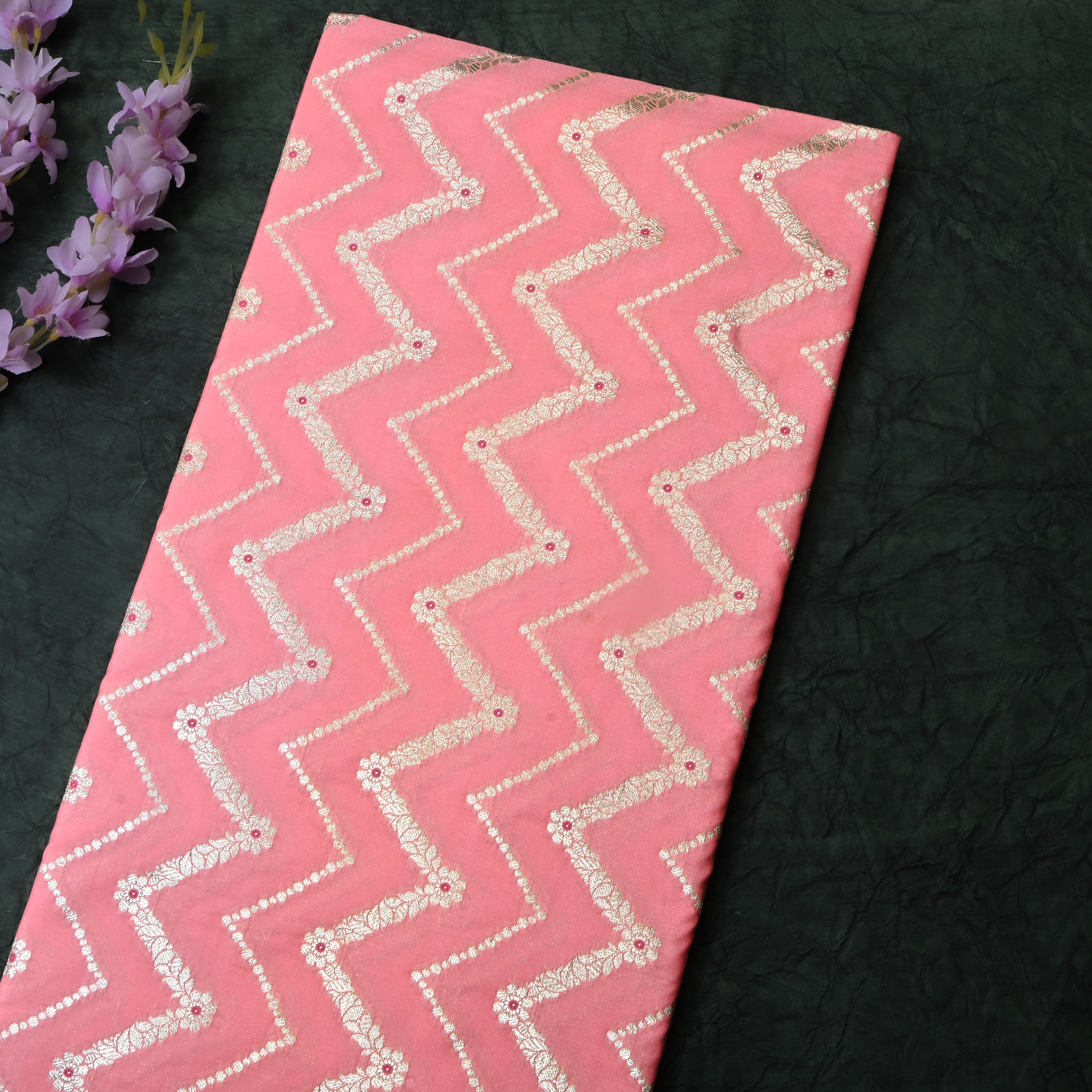 Soft Baby Pink Floral Jamawar Silk Fabric