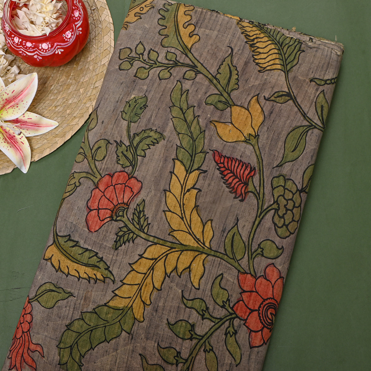 Stone Grey Paisley Flower Kalamkari Handloom Silk Fabric