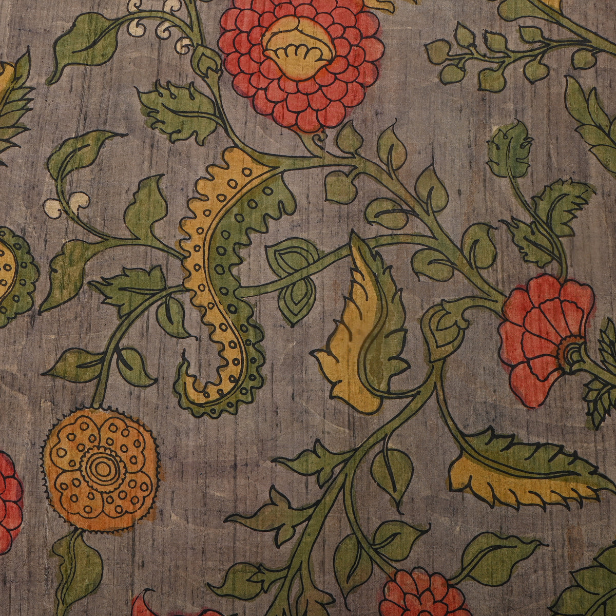 Stone Grey Paisley Flower Kalamkari Handloom Silk Fabric