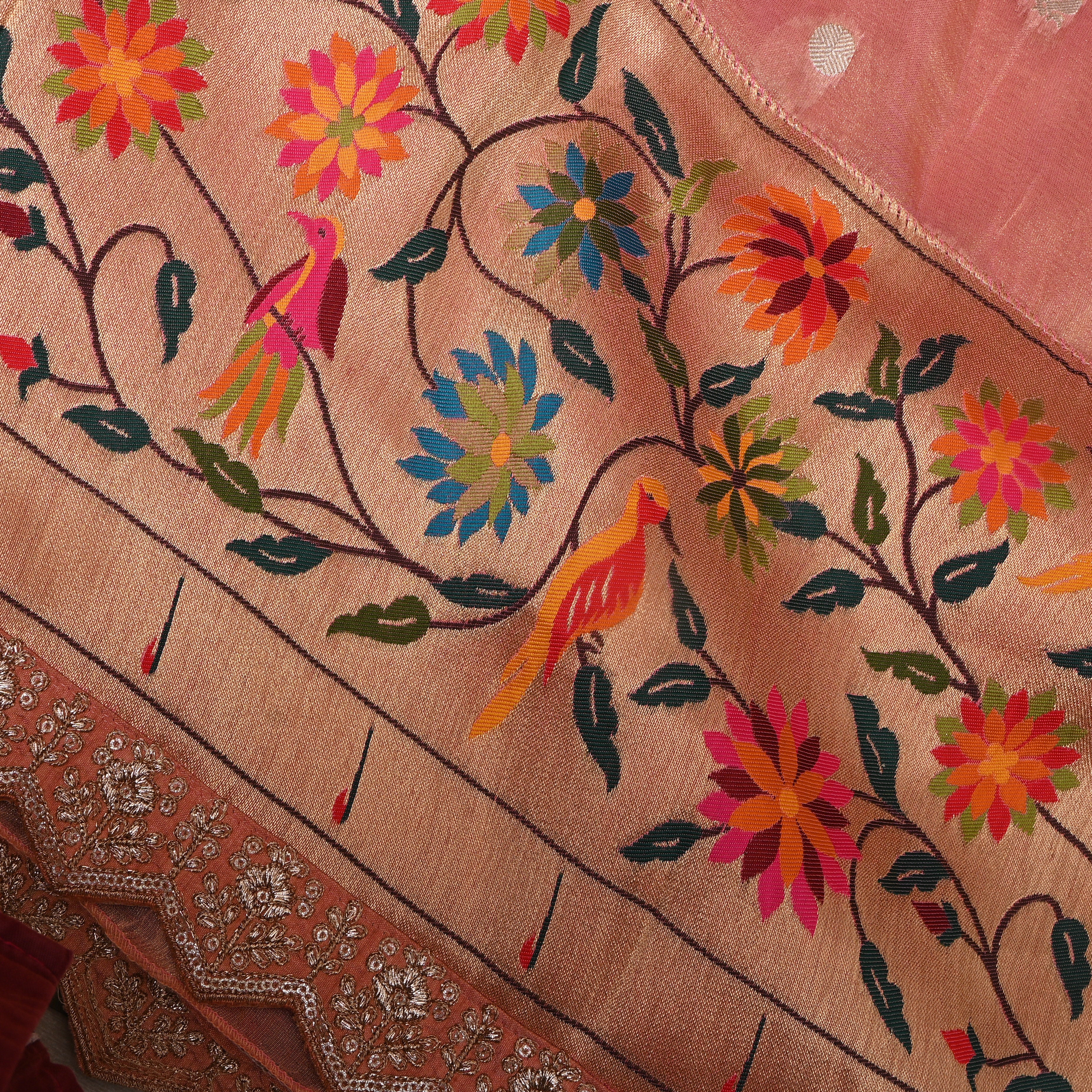 Dusty Rose Bird And Floral Jamawar Tissue