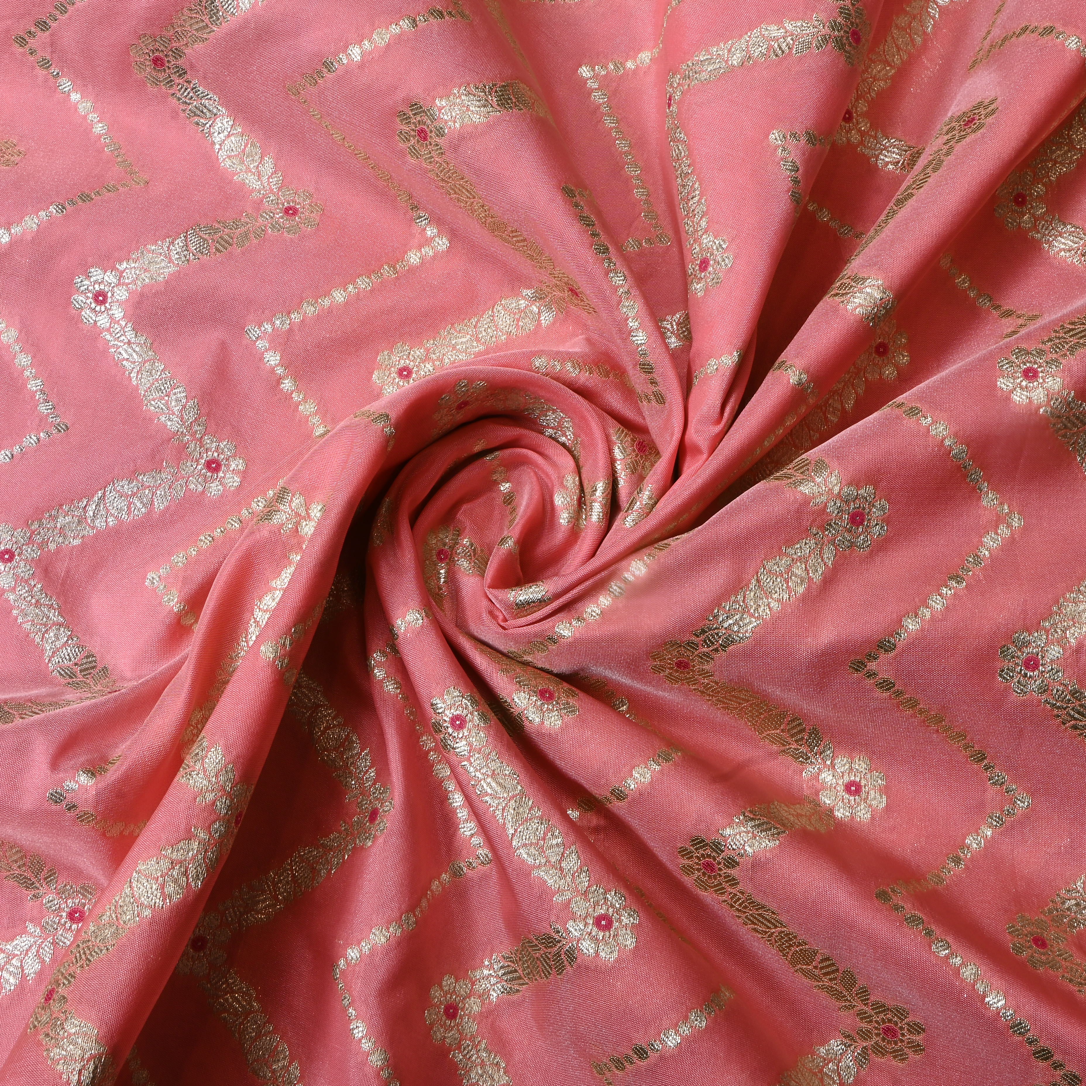 Soft Baby Pink Floral Jamawar Silk Fabric