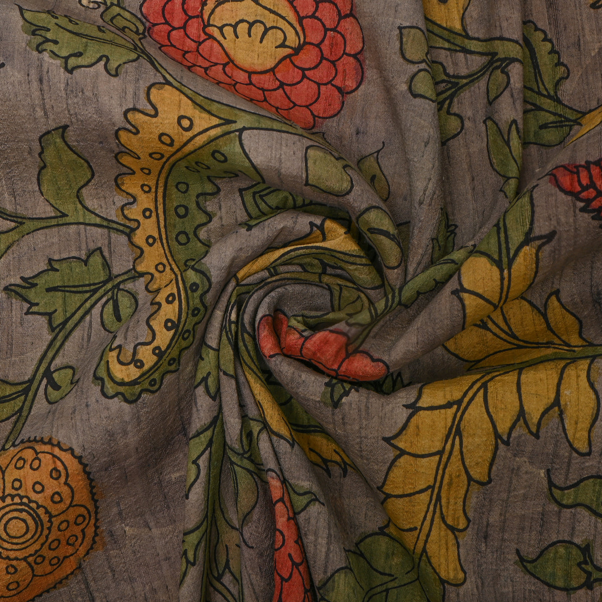Stone Grey Paisley Flower Kalamkari Handloom Silk Fabric