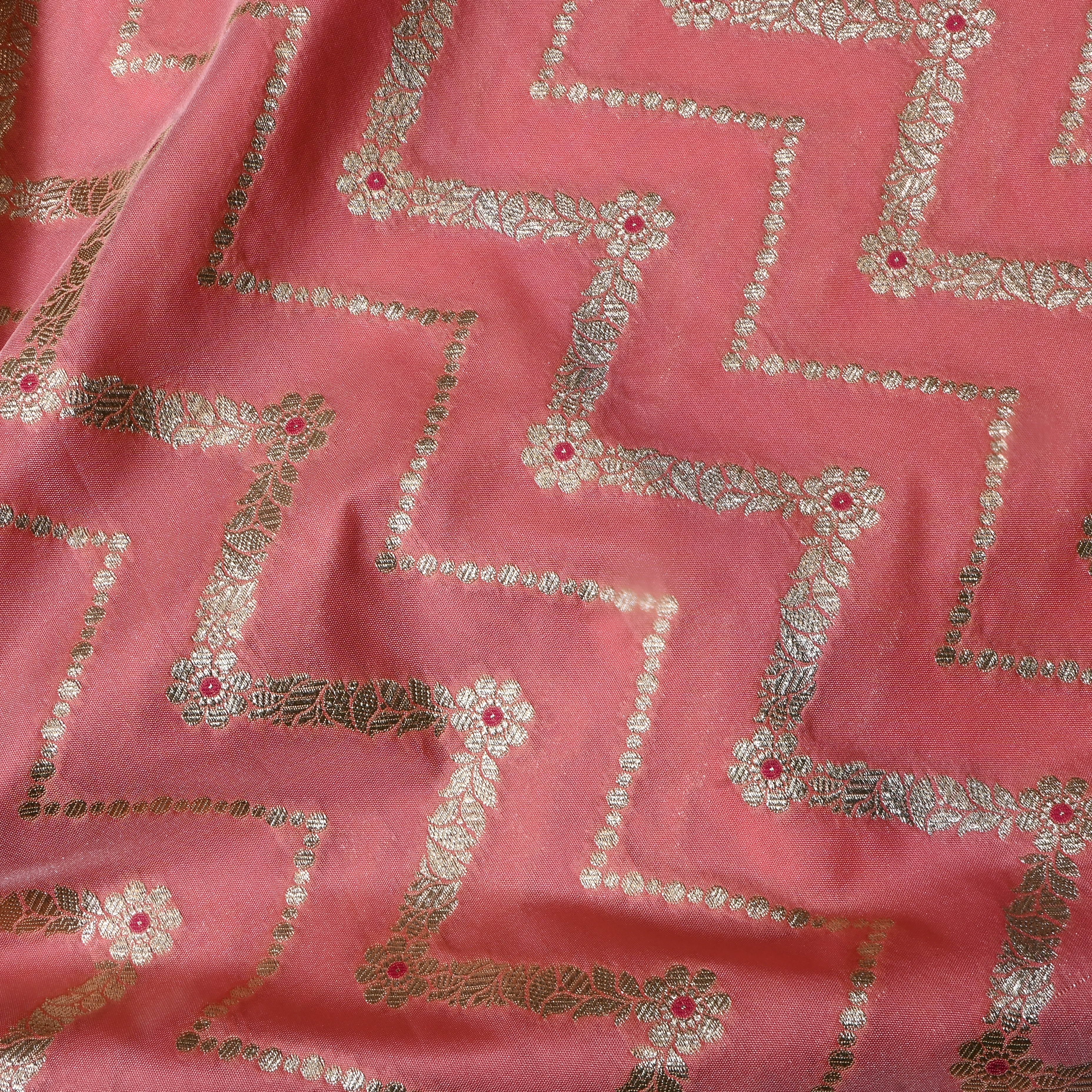 Soft Baby Pink Floral Jamawar Silk Fabric