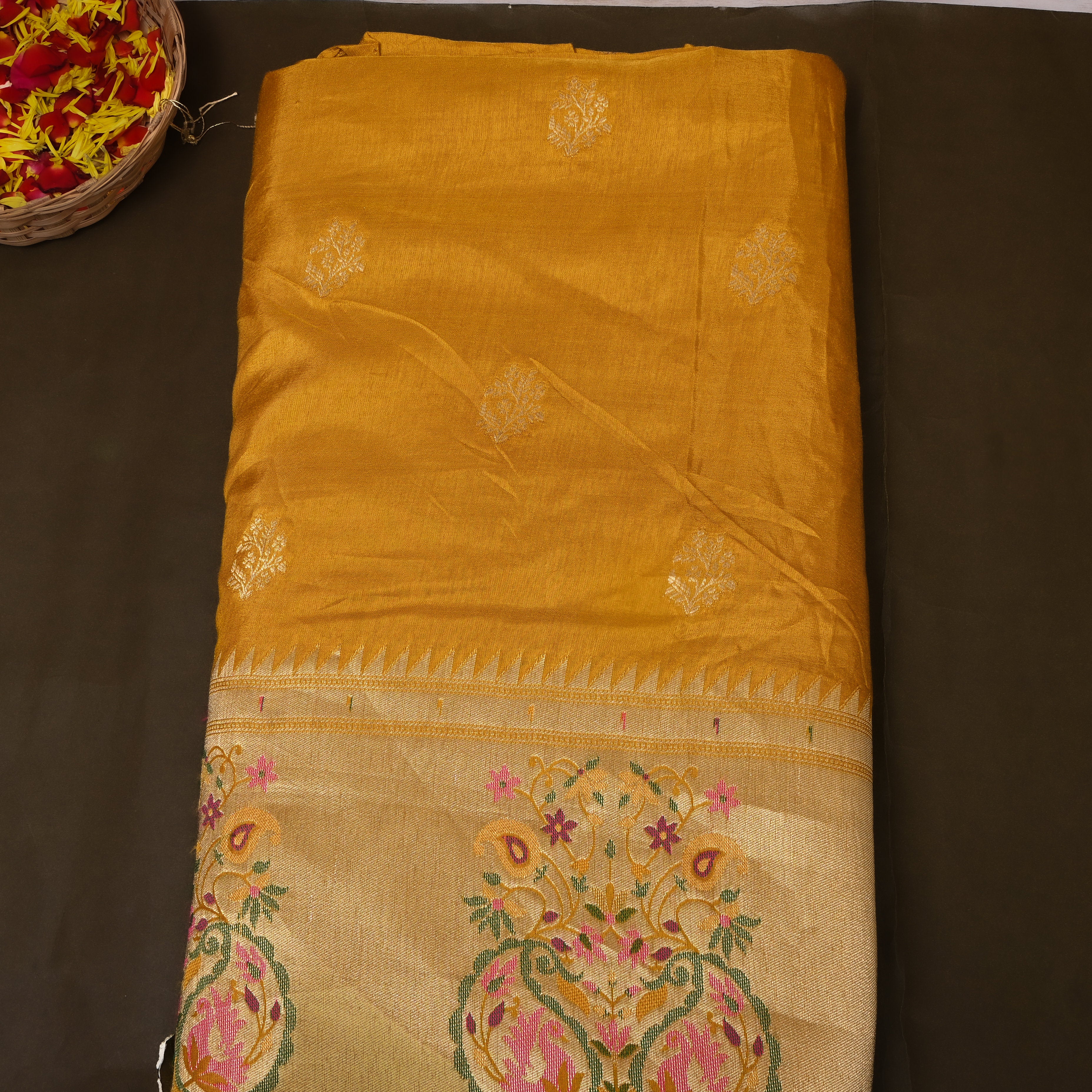 Mustard Gold Silver Buti Paisley Border Fabric