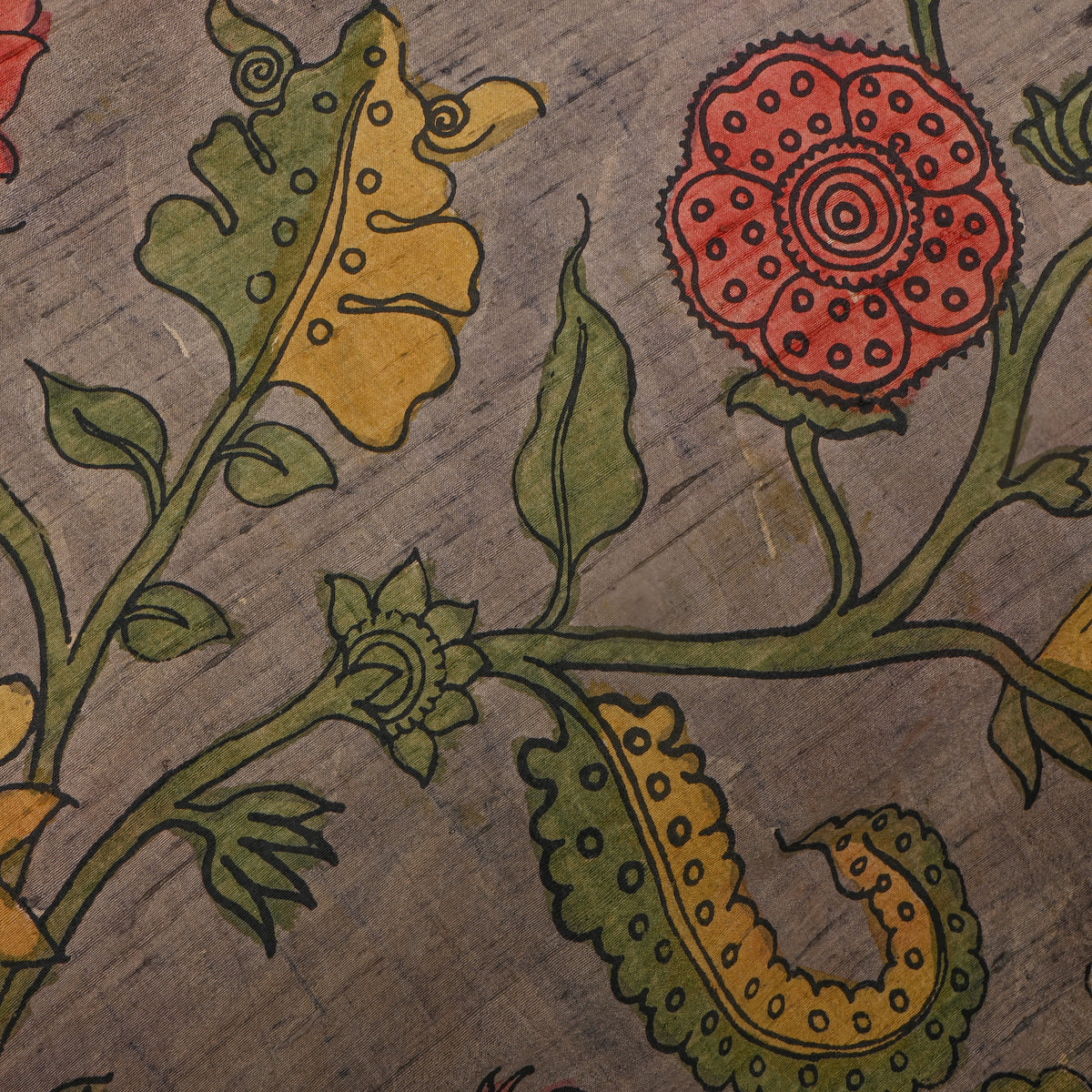 Stone Grey Paisley Flower Kalamkari Handloom Silk Fabric
