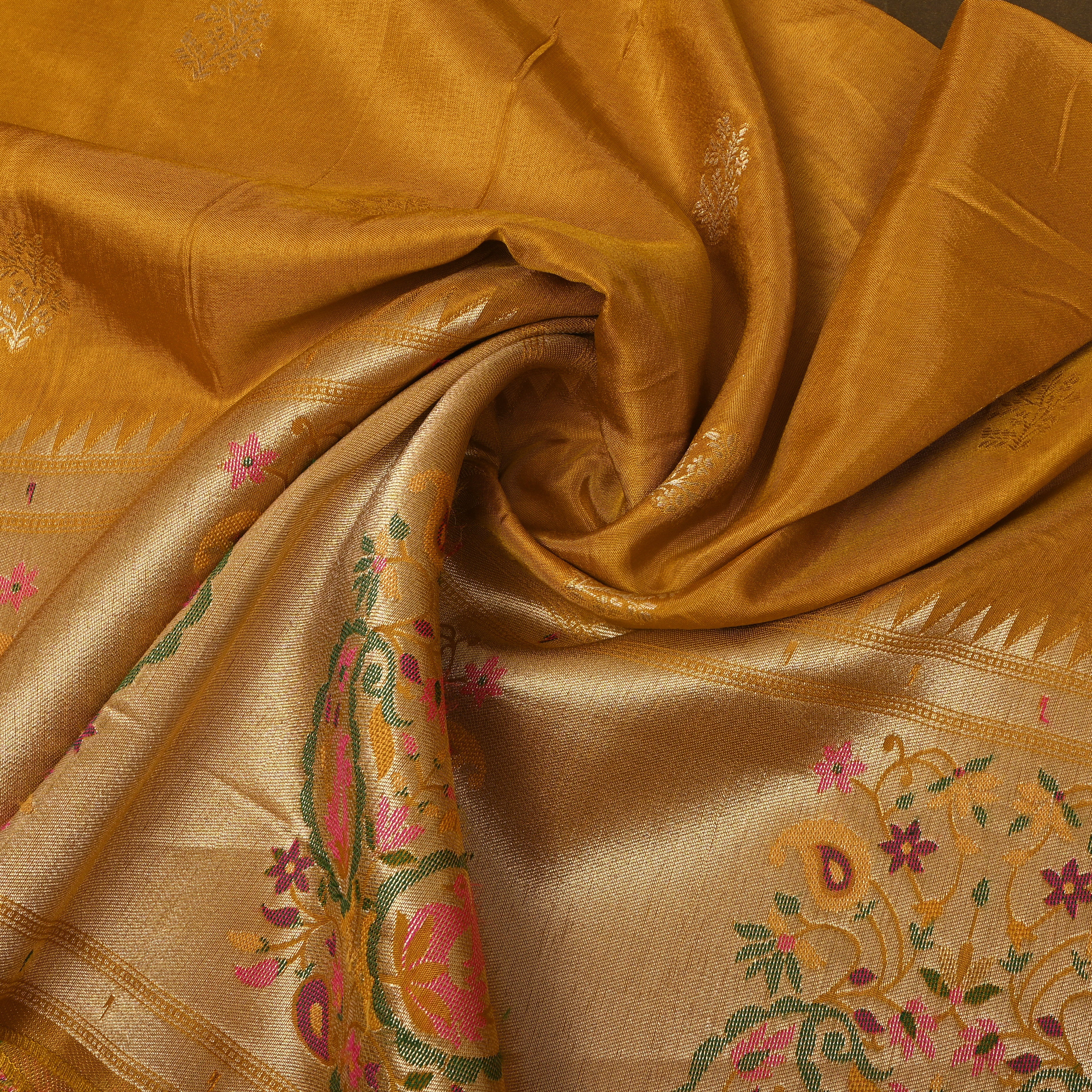 Mustard Gold Silver Buti Paisley Border Fabric