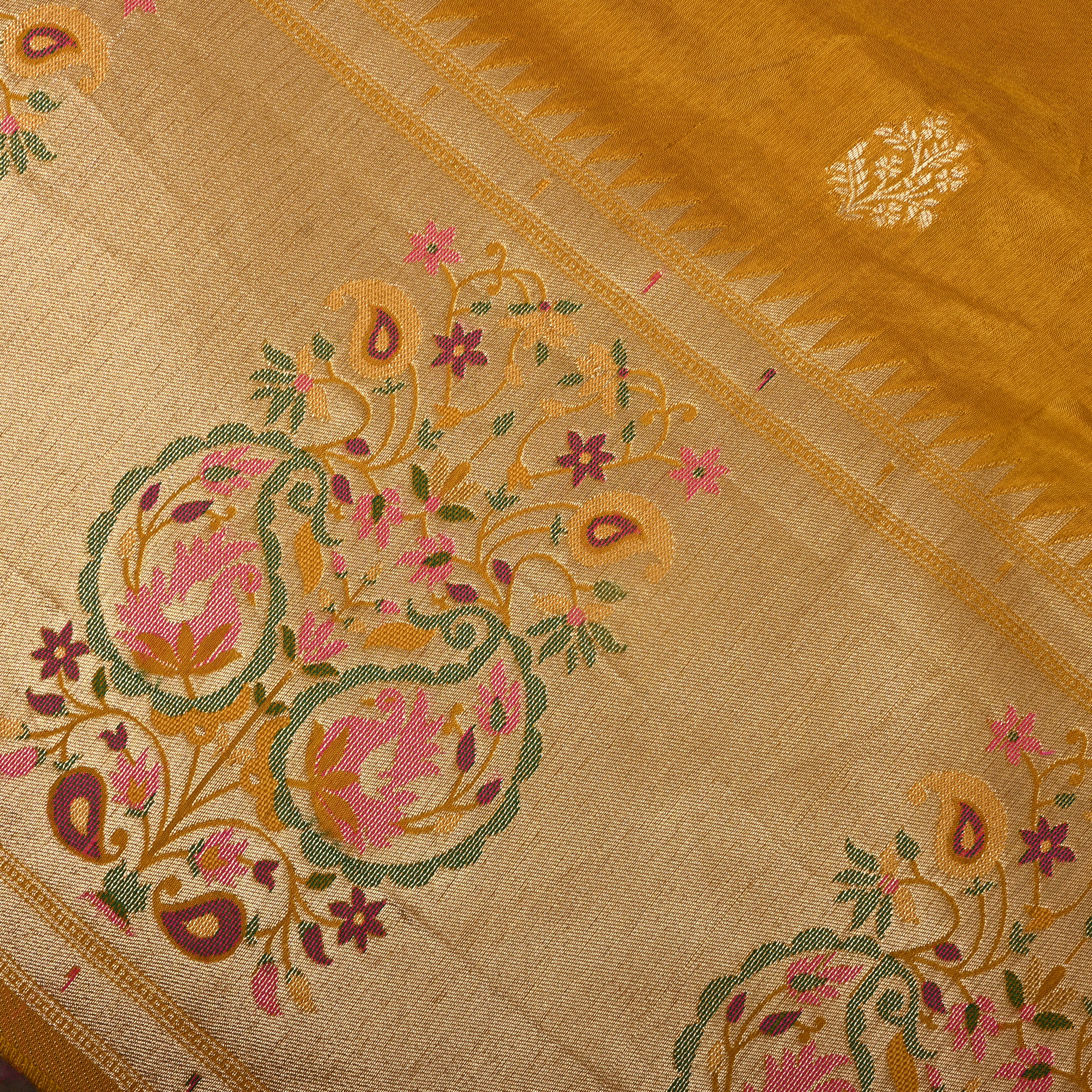 Mustard Gold Silver Buti Paisley Border Fabric