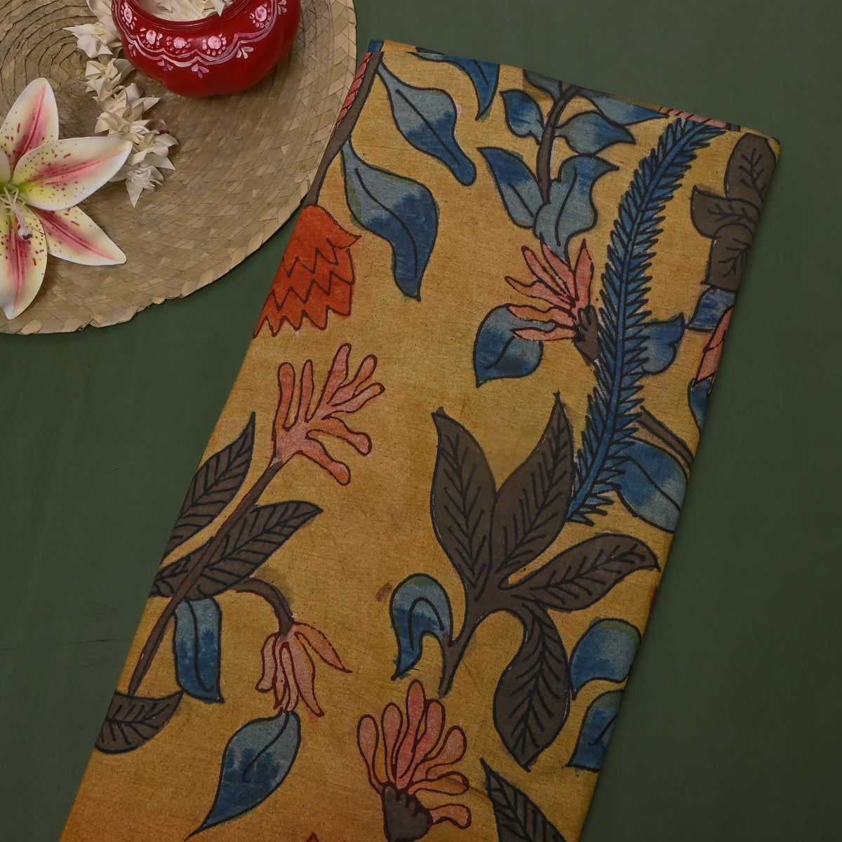 Dark Beige Kalamkari Silk Fabric