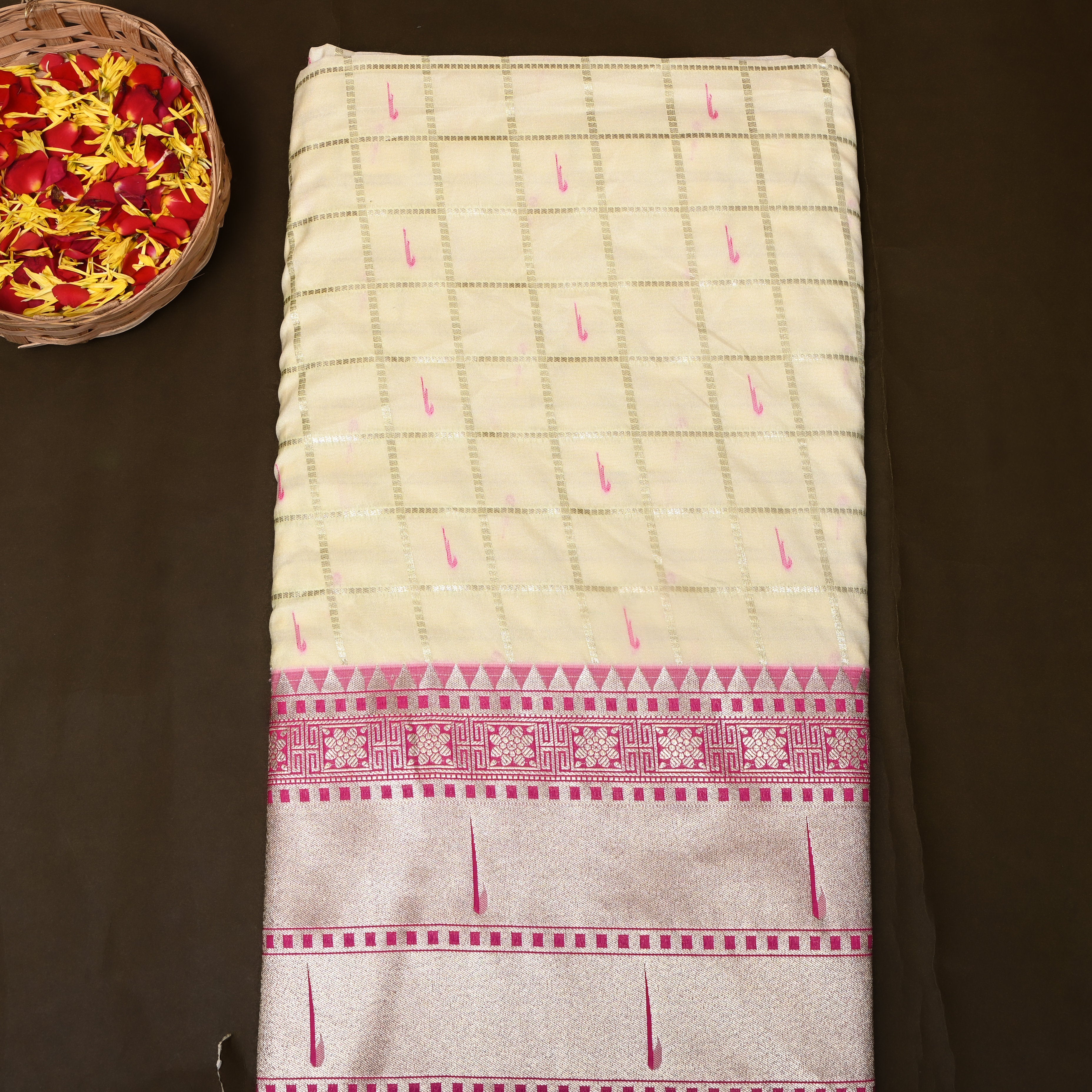 Ivory Pink Triple Munya Temple Border Jamawar Fabric