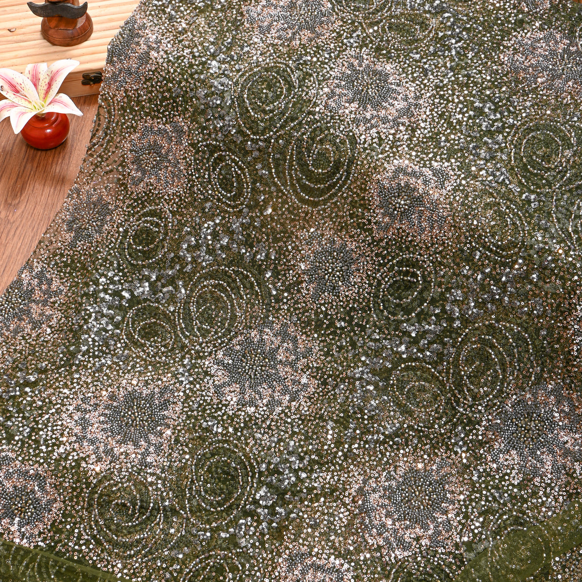 Olive Green Sequin Medallion Net Fabric