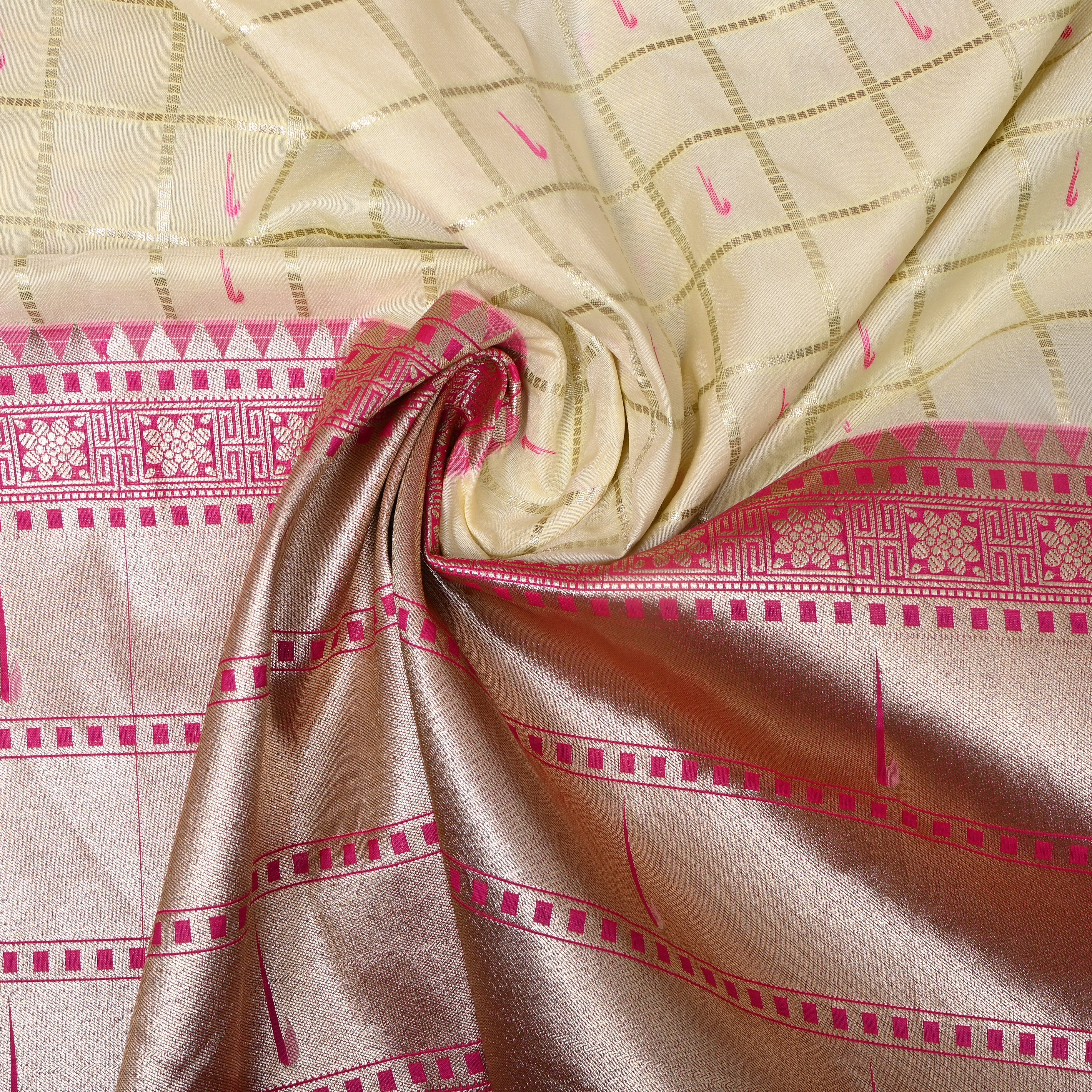 Ivory Pink Triple Munya Temple Border Jamawar Fabric