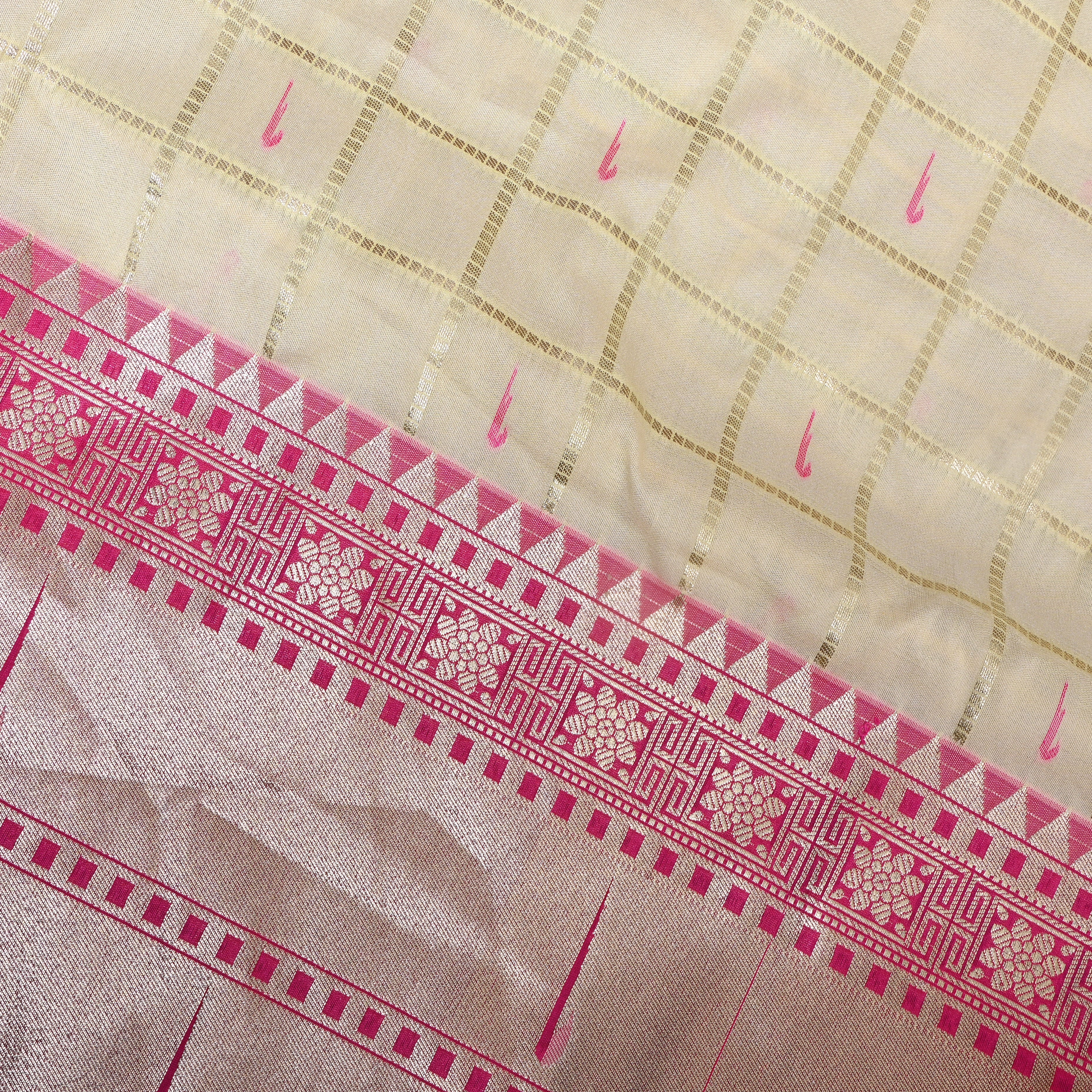 Ivory Pink Triple Munya Temple Border Jamawar Fabric