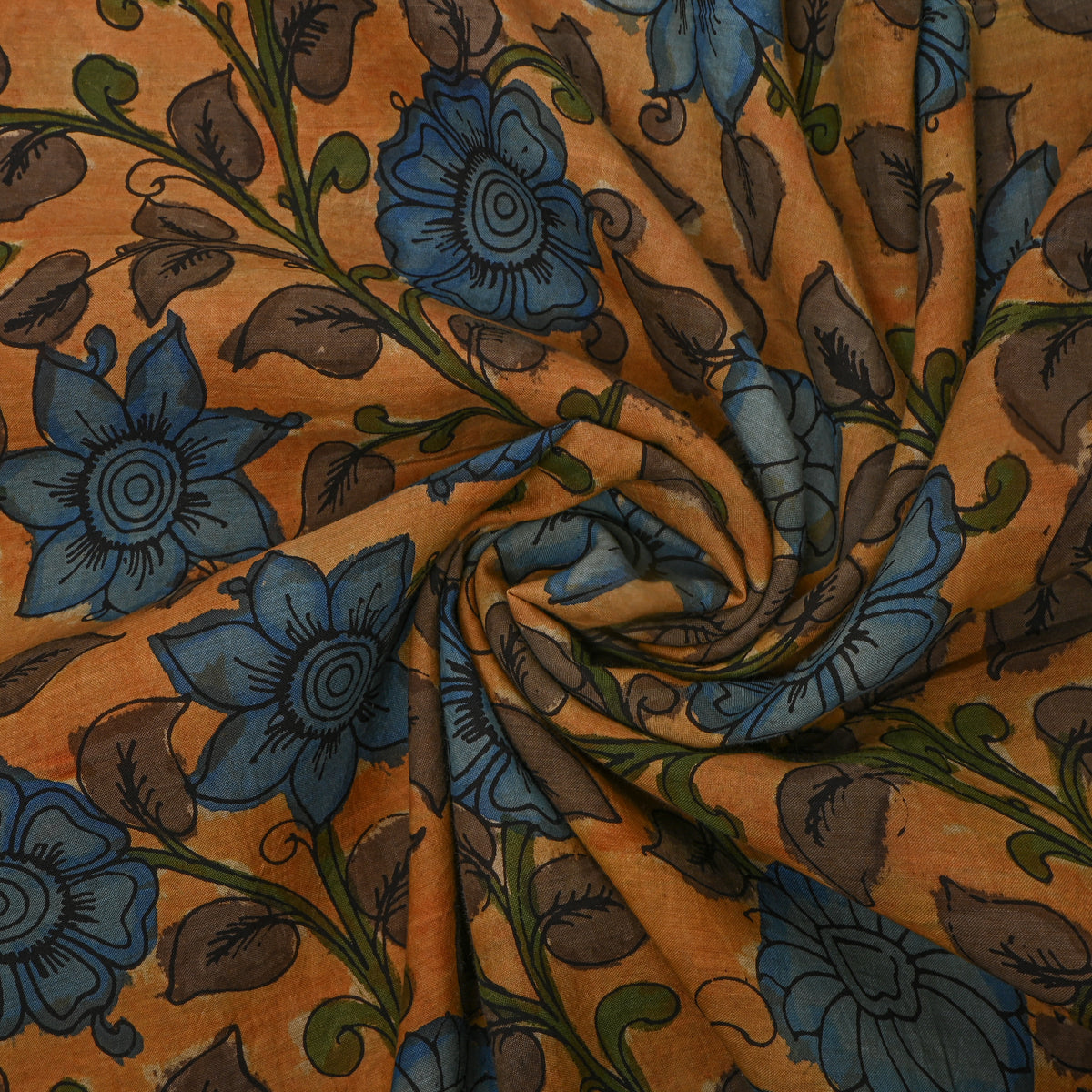 Ochre Yellow Kalamkari Blue Flower Hand-Painted Cotton Fabric