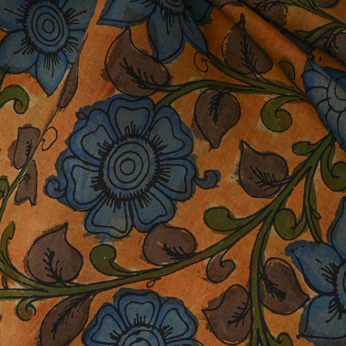 Ochre Yellow Kalamkari Blue Flower Hand-Painted Cotton Fabric