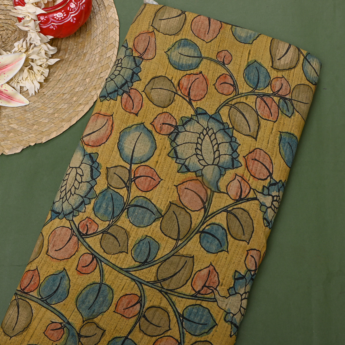 Mustard Yellow Vine Kalamkari Handloom Silk Fabric