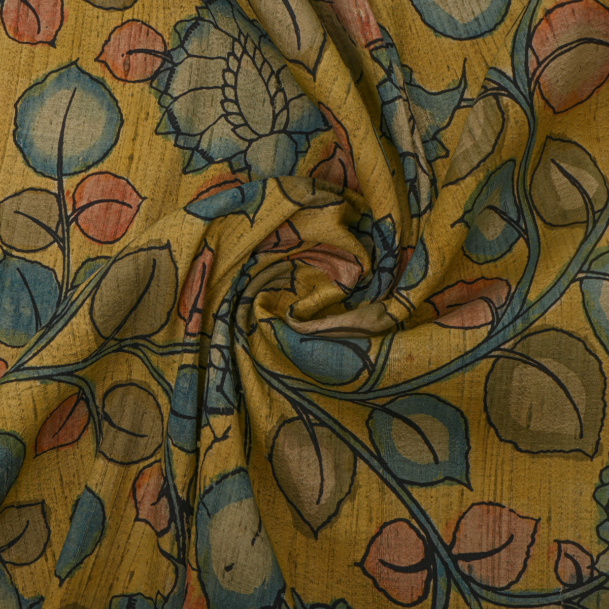 Mustard Yellow Vine Kalamkari Handloom Silk Fabric