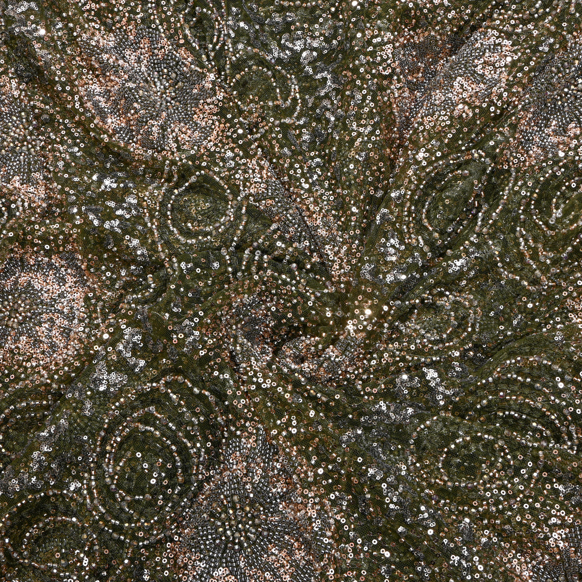 Olive Green Sequin Medallion Net Fabric