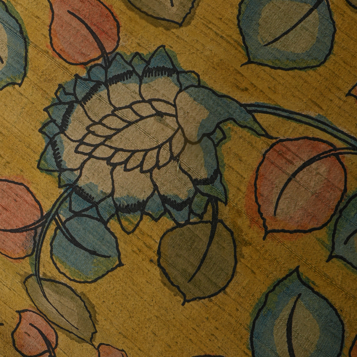 Mustard Yellow Vine Kalamkari Handloom Silk Fabric