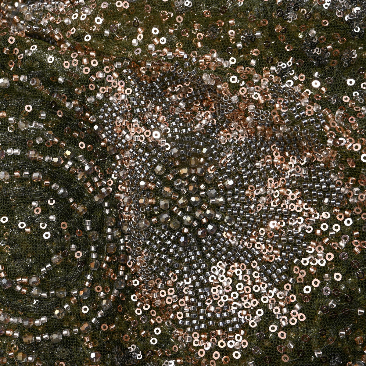 Olive Green Sequin Medallion Net Fabric