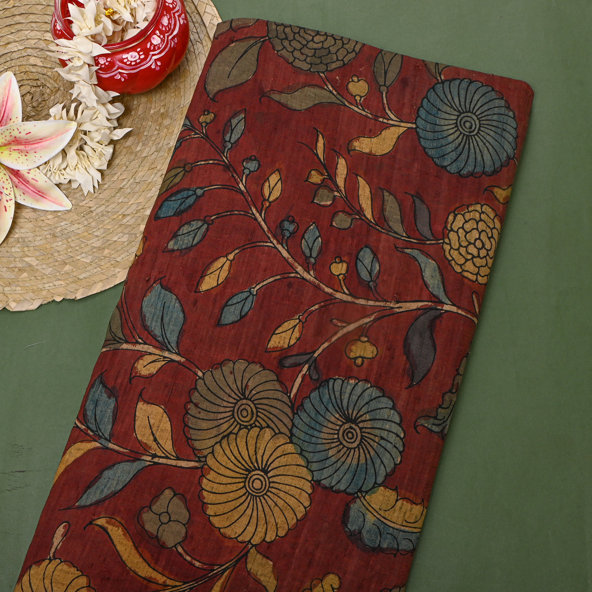 Dark Maroon Floral Vine Kalamkari Handloom Silk Fabric